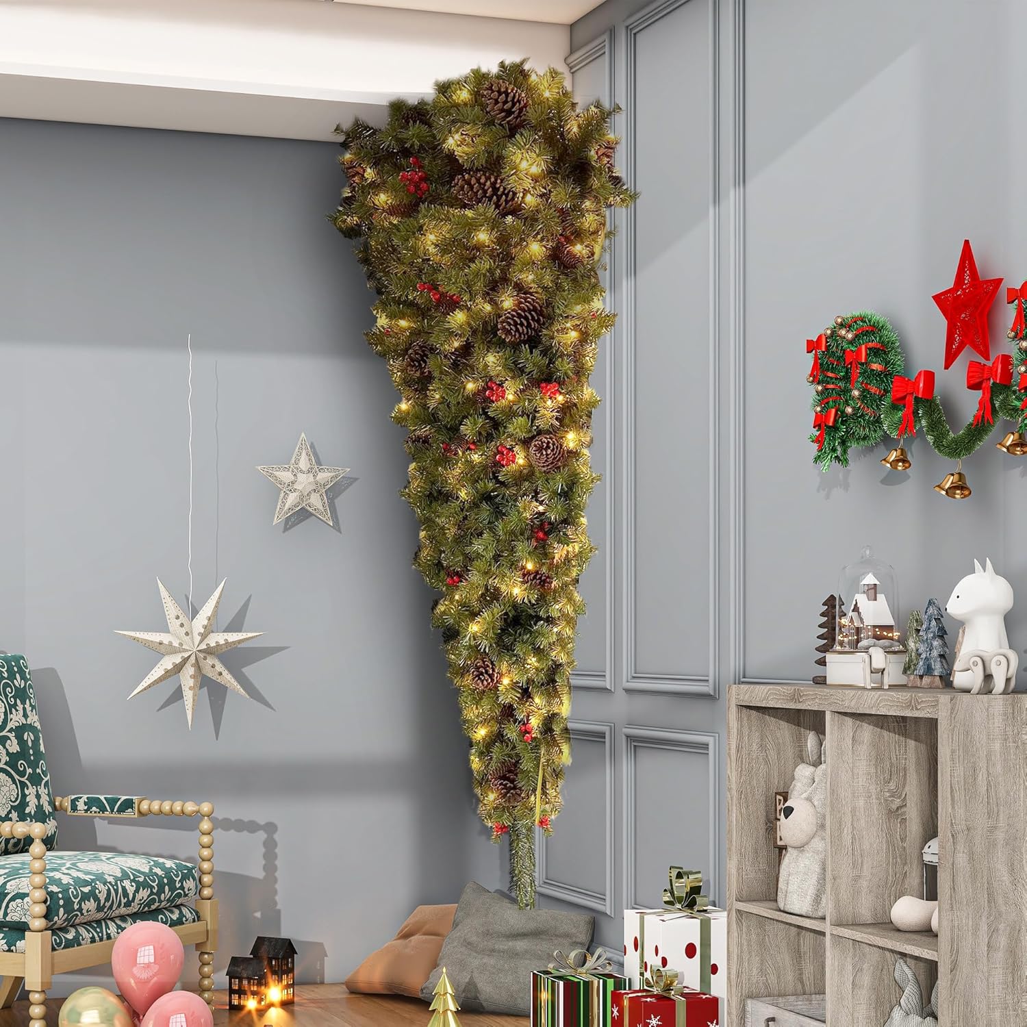 Árbol de Navidad, árbol de Navidad colgante boca abajo de 6 pies, árbol de Navidad colgante del techo, árbol de Navidad con 300 luces LED blancas