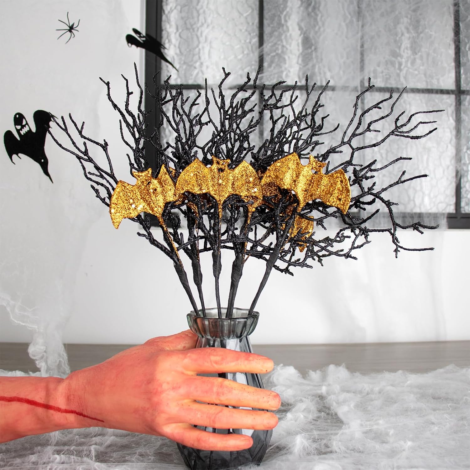 Yawwind Artificial Halloween Picks 17inch Balck Halloween Branches for Vase Gilitter Halloween Stems with Glitter Golden Bat for Table Centerpiece