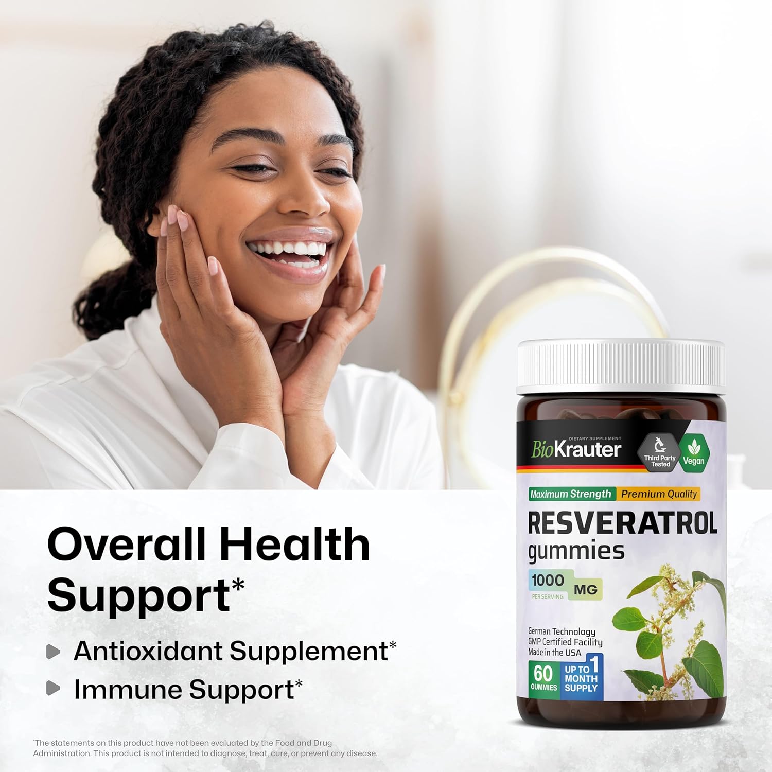 Gomitas de resveratrol – Potente suplemento orgánico de resveratrol de 1000 mg – Biodisponible 98% puro Trans Resveratrol – Apoyo antioxidante – 60