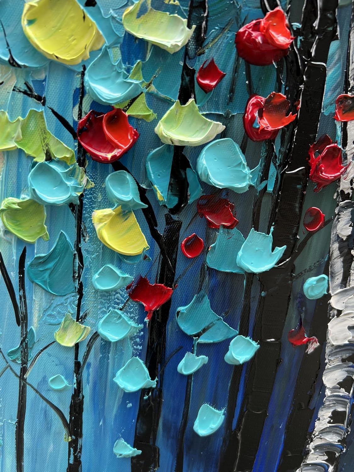 Diathou Paisaje forestal pintado a mano, pintura al óleo, azul oscuro, lienzo vertical, grande, arte de pared, 46 x 23 pulgadas, pintura al óleo,
