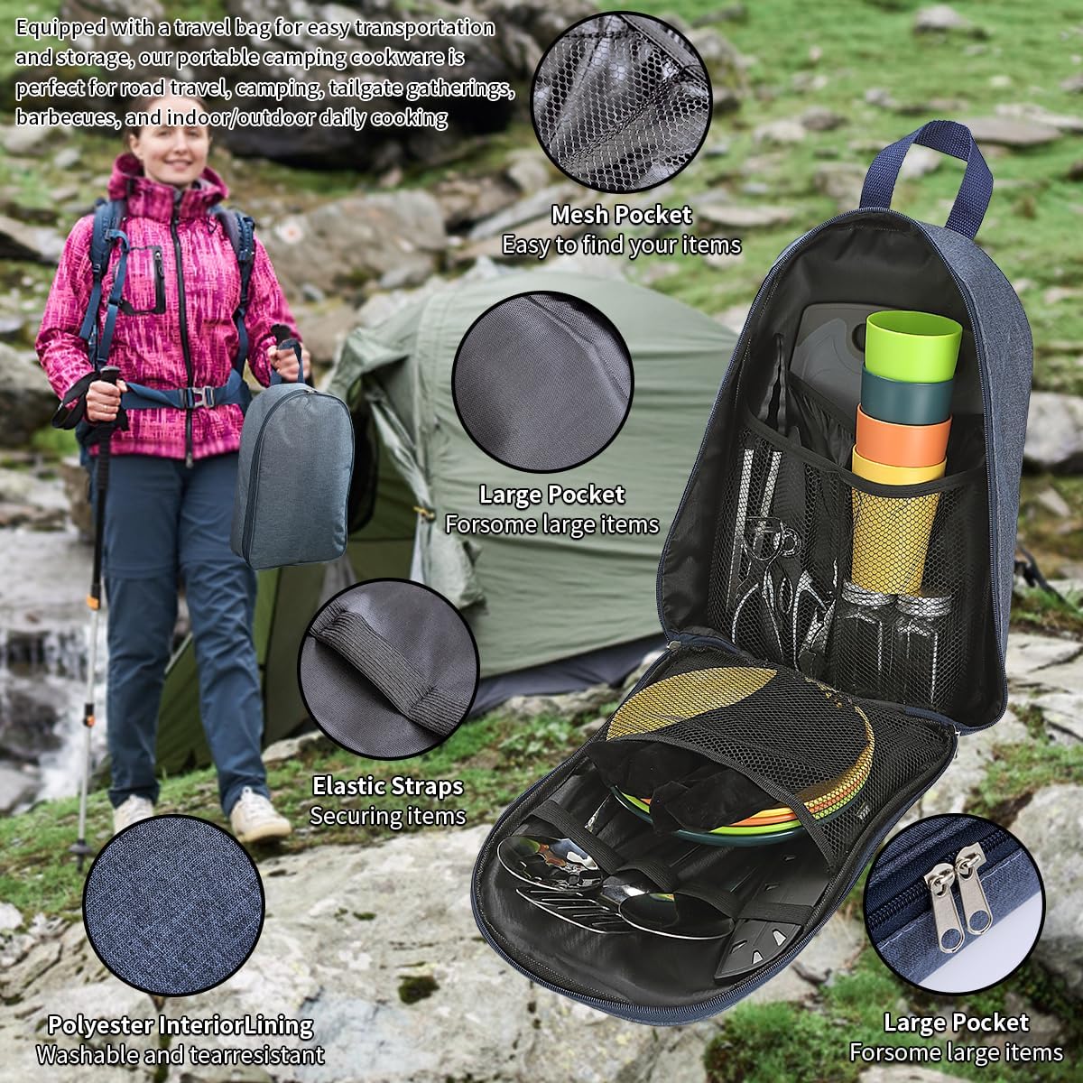Berglander Artículos esenciales para acampar, juego de utensilios de cocina para campamento, accesorios de campamento, vienen con juegos de