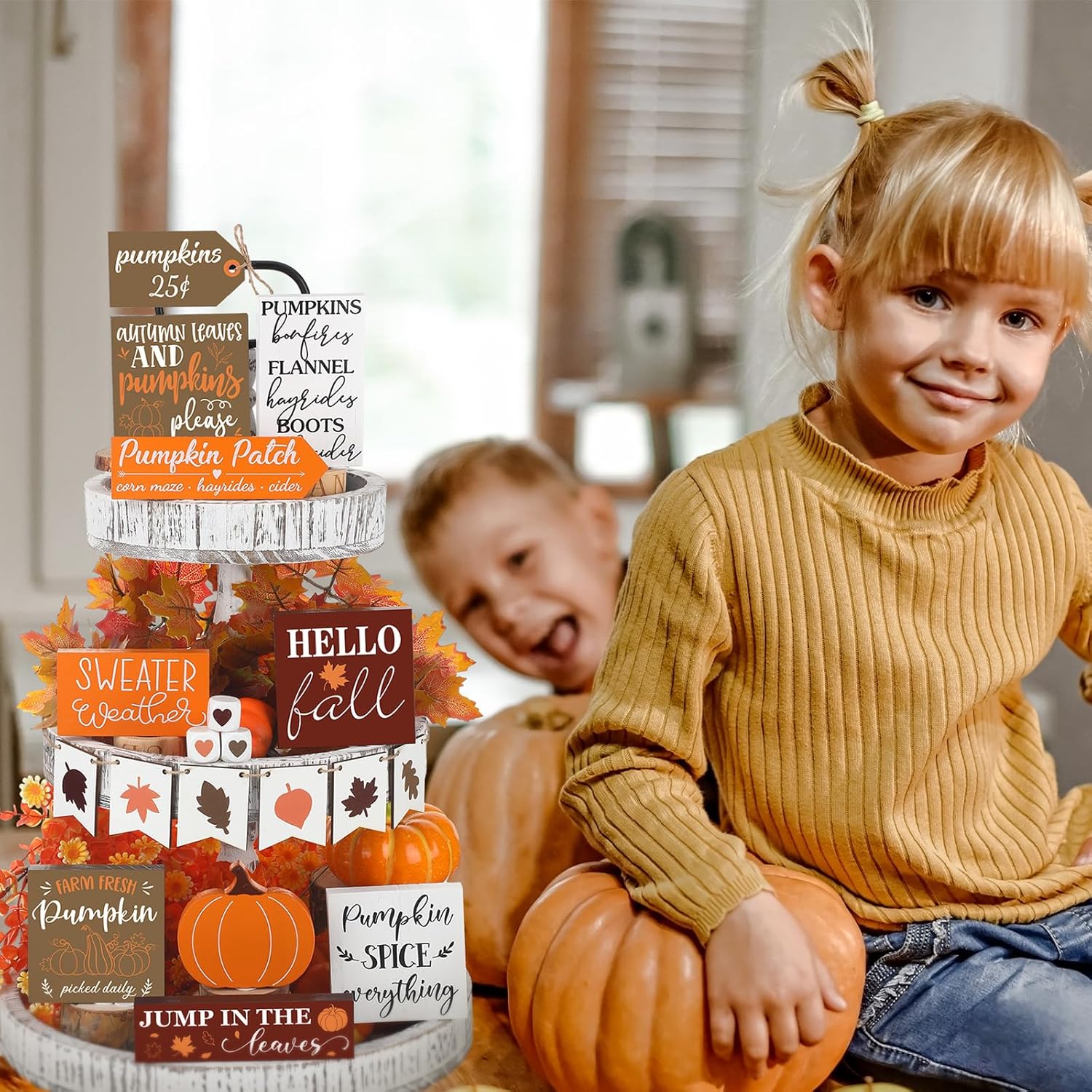 Juego de 15 bandejas escalonadas de otoño, decoración de calabaza, decoración de casa de campo, centros de mesa de hojas de arce de otoño, cosecha