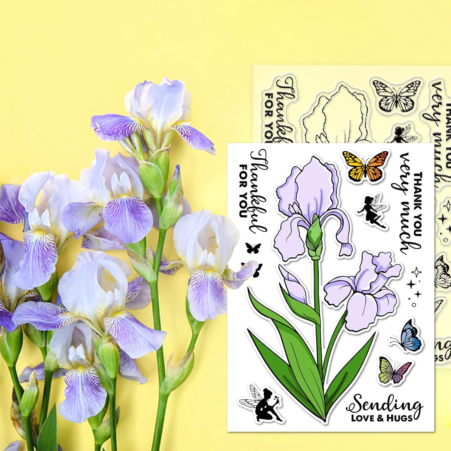 GLOBLELAND Sellos transparentes de flores de iris para manualidades, álbumes de recortes, elfos, mariposa, silicona, sellos transparentes para hacer