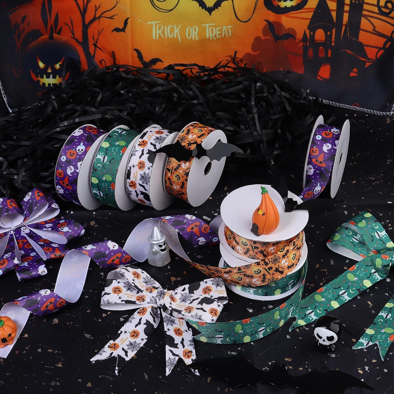 Hiswan Cinta de grogrén de 1 pulgada para envolver regalos, decoración de Halloween, calabaza, gato negro, fantasma, manualidades, cinta fina para
