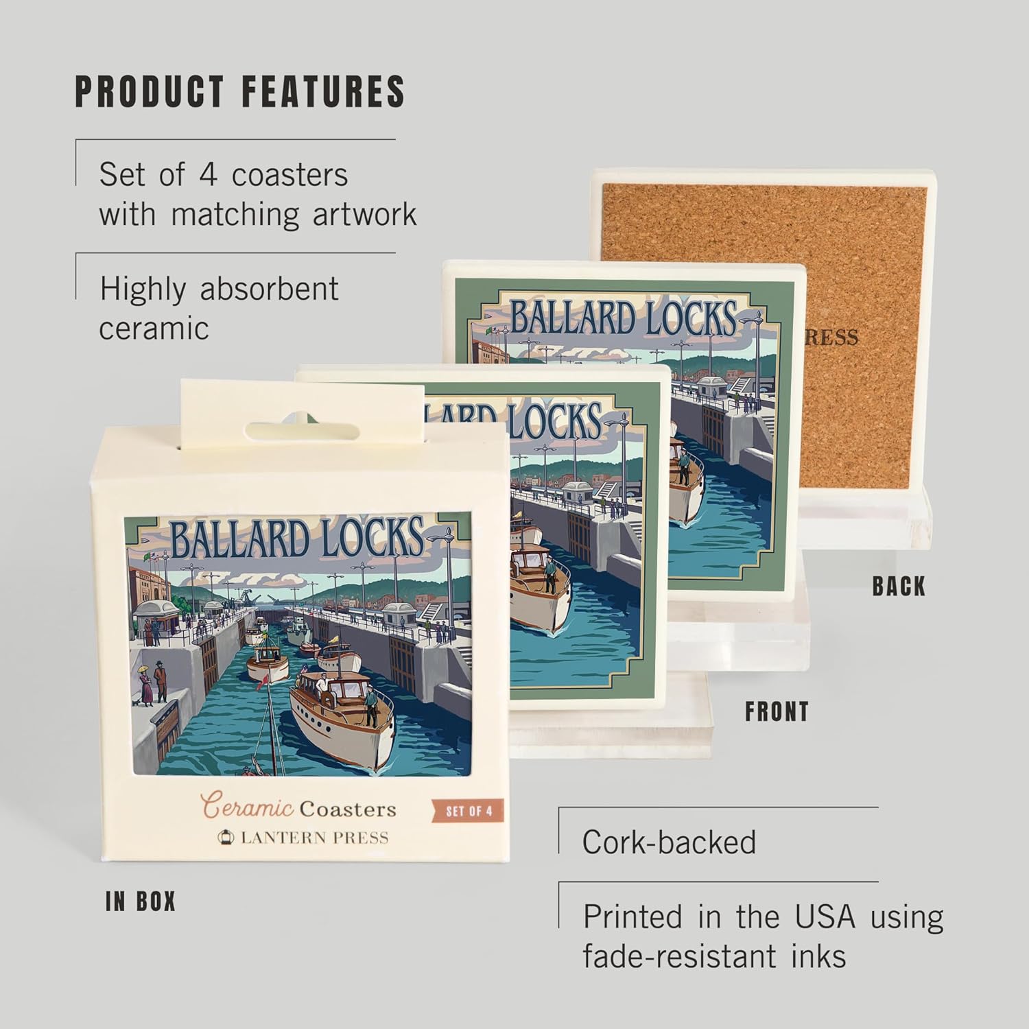 Seattle, Washington, Ballard Locks (juego de 4 posavasos absorbentes de cerámica a juego, parte trasera de corcho, decoración de mesa de cocina)