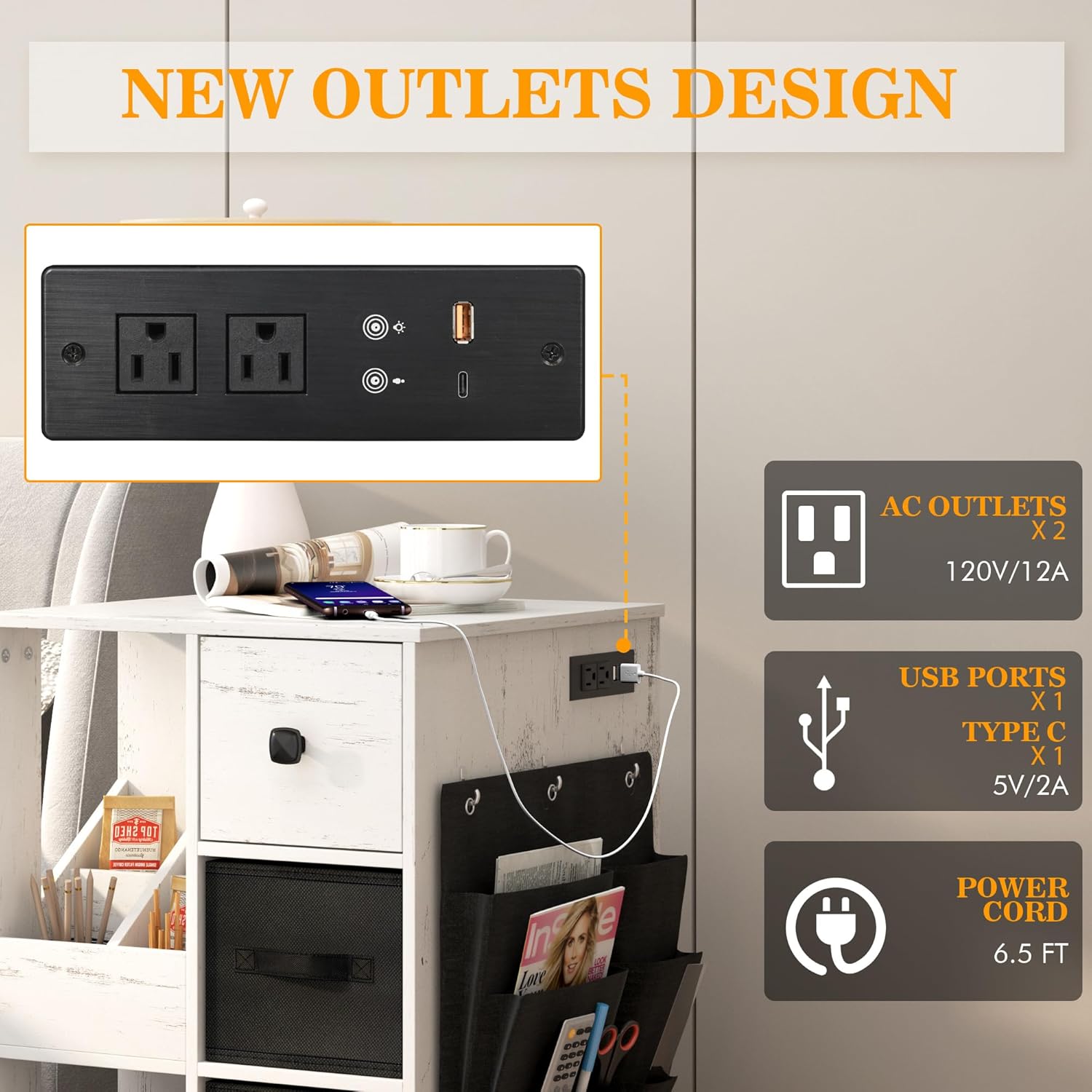 dnbss Mesita de noche con estación de carga, mesa auxiliar LED con cajones, mesita de noche inteligente con puertos USB, moderna mesita de noche con