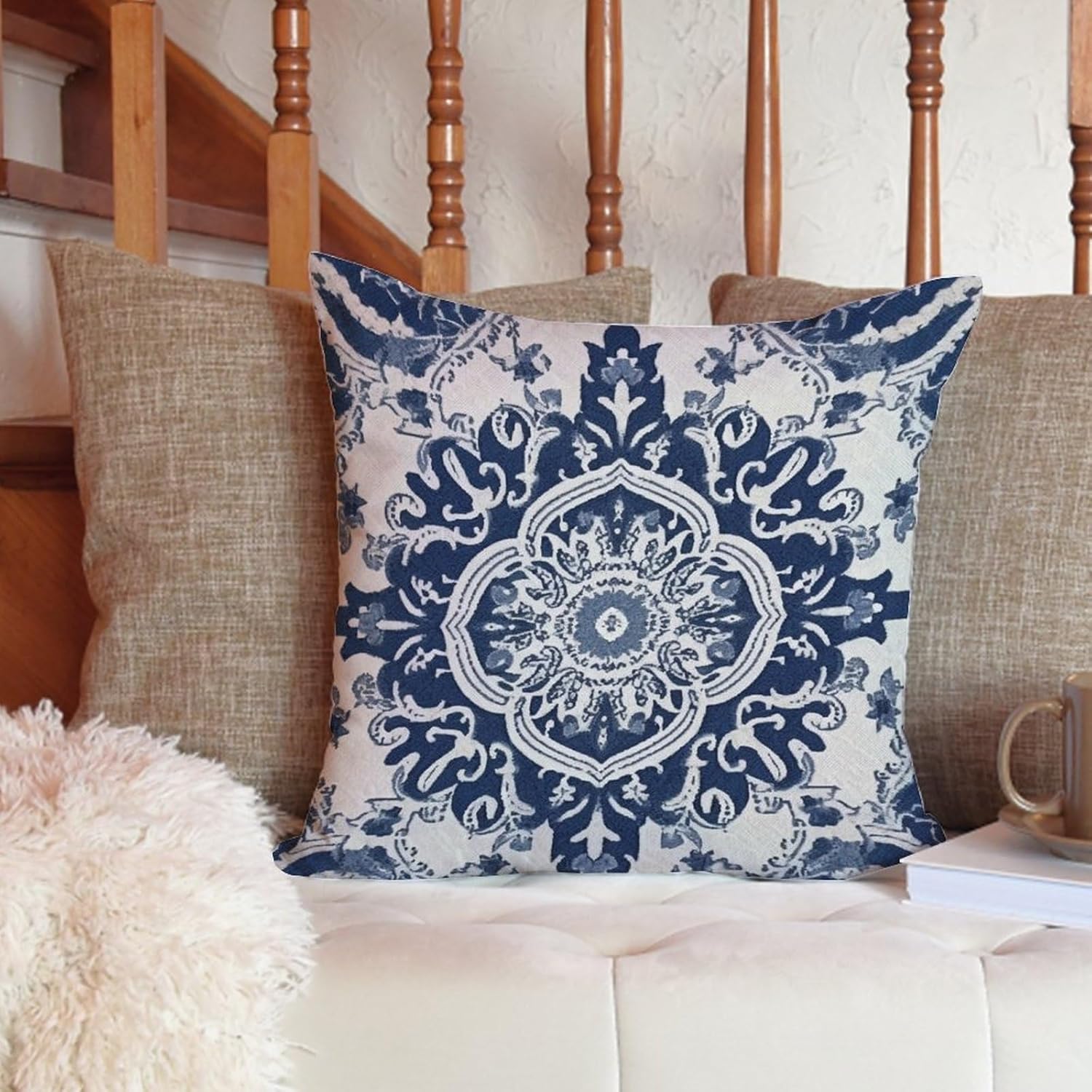 ArogGeld Cojín de cojín de damasco azul marino con flores azules, estilo árabe turco, cuadrado, fundas de almohada chinoiserie para dormitorio,