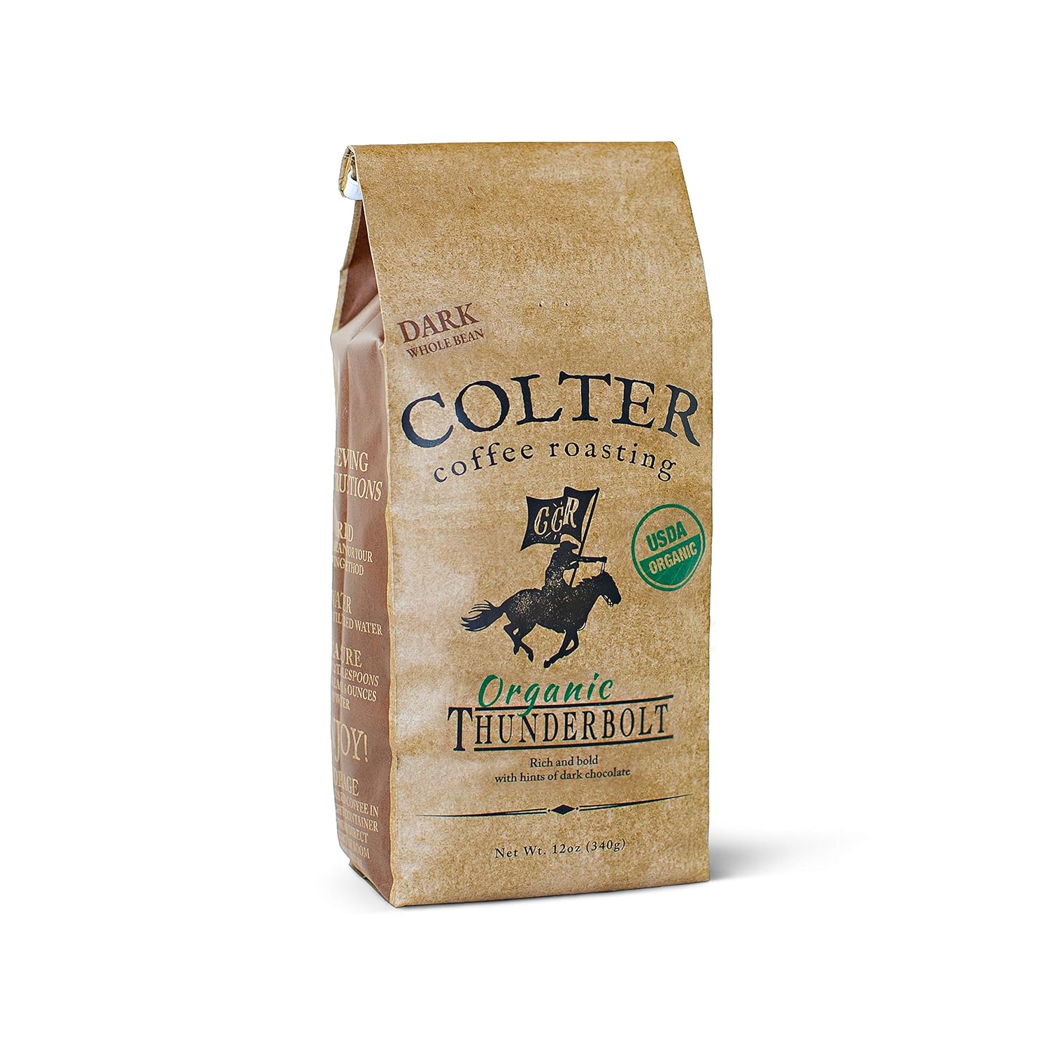 Colter Coffee Roasting, Thunderbolt orgánico, tostado oscuro, 100% café arábica orgánico, comercio justo, grano entero de 12 onzas