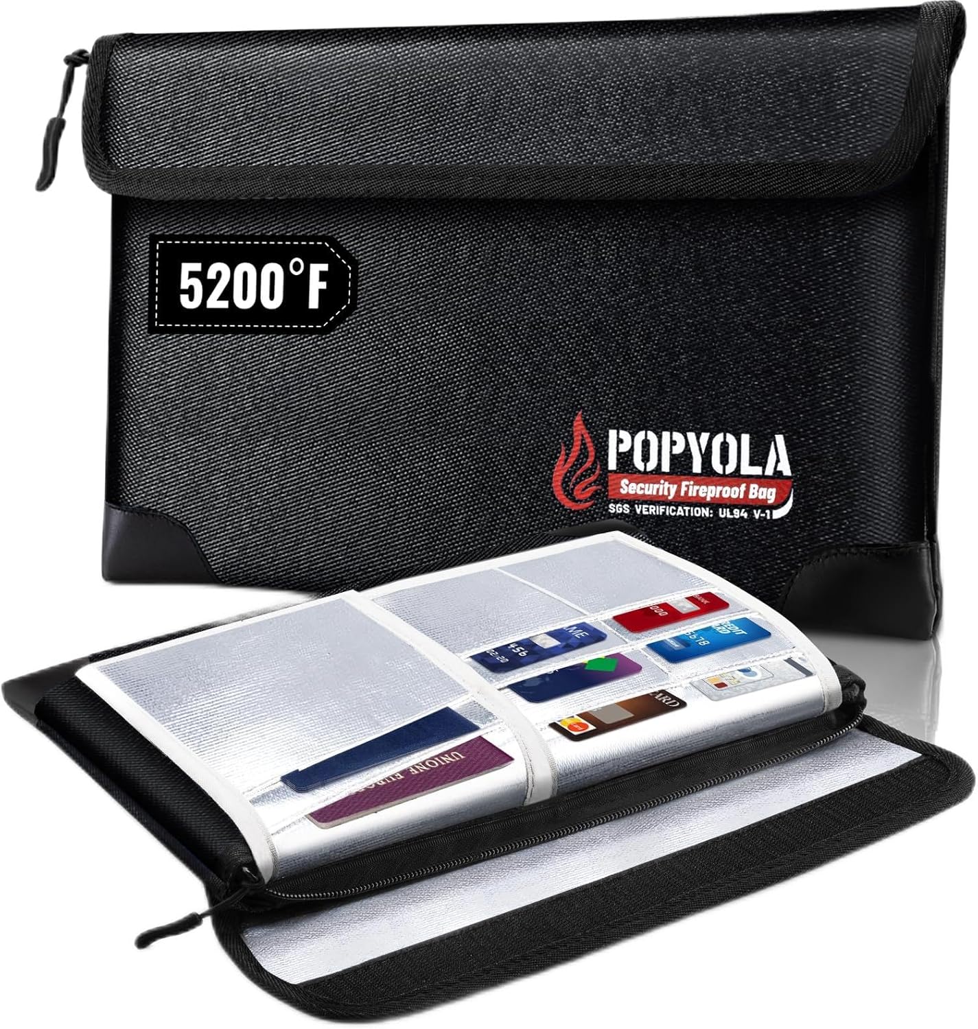 POPYOLA Bolsa de documentos ignífuga, mejorada 5200F bolsa ignífuga con aislamiento térmico, 12 x 8.3 pulgadas, bolsa impermeable ignífuga para