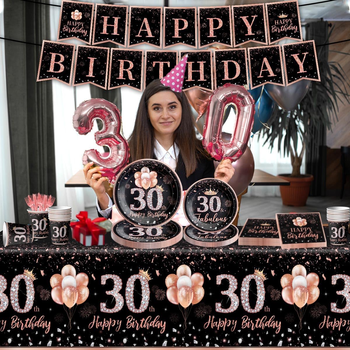 142 piezas de vajilla de 30 cumpleaños para mujer, suministros de fiesta de cumpleaños de 30 años de color oro rosa para ella, mantel desechable,