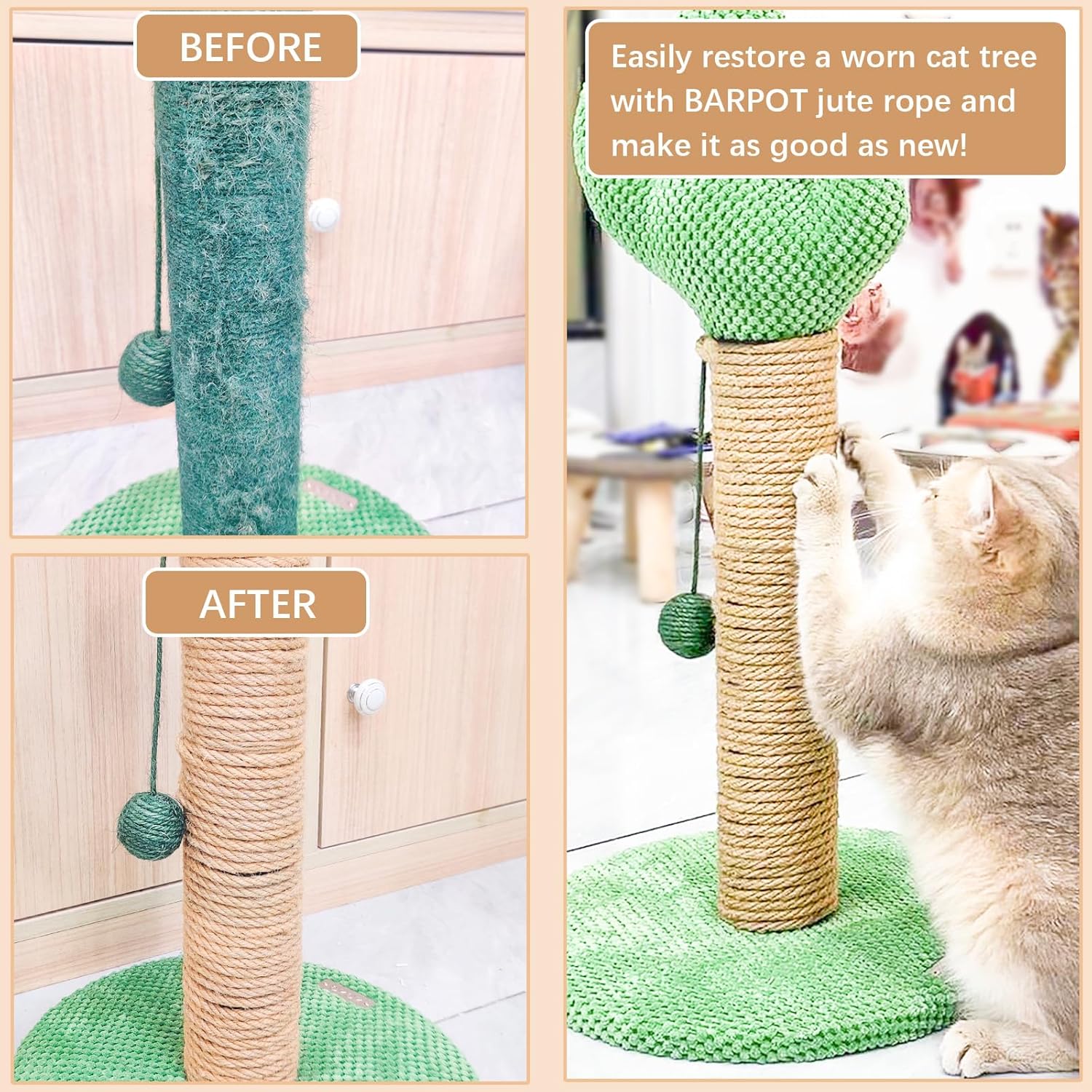 Cuerda de repuesto para rascador de gatos, cuerda de cáñamo natural de 14 de pulgada, cuerda para poste rascador de gatos, cuerda de reparación de