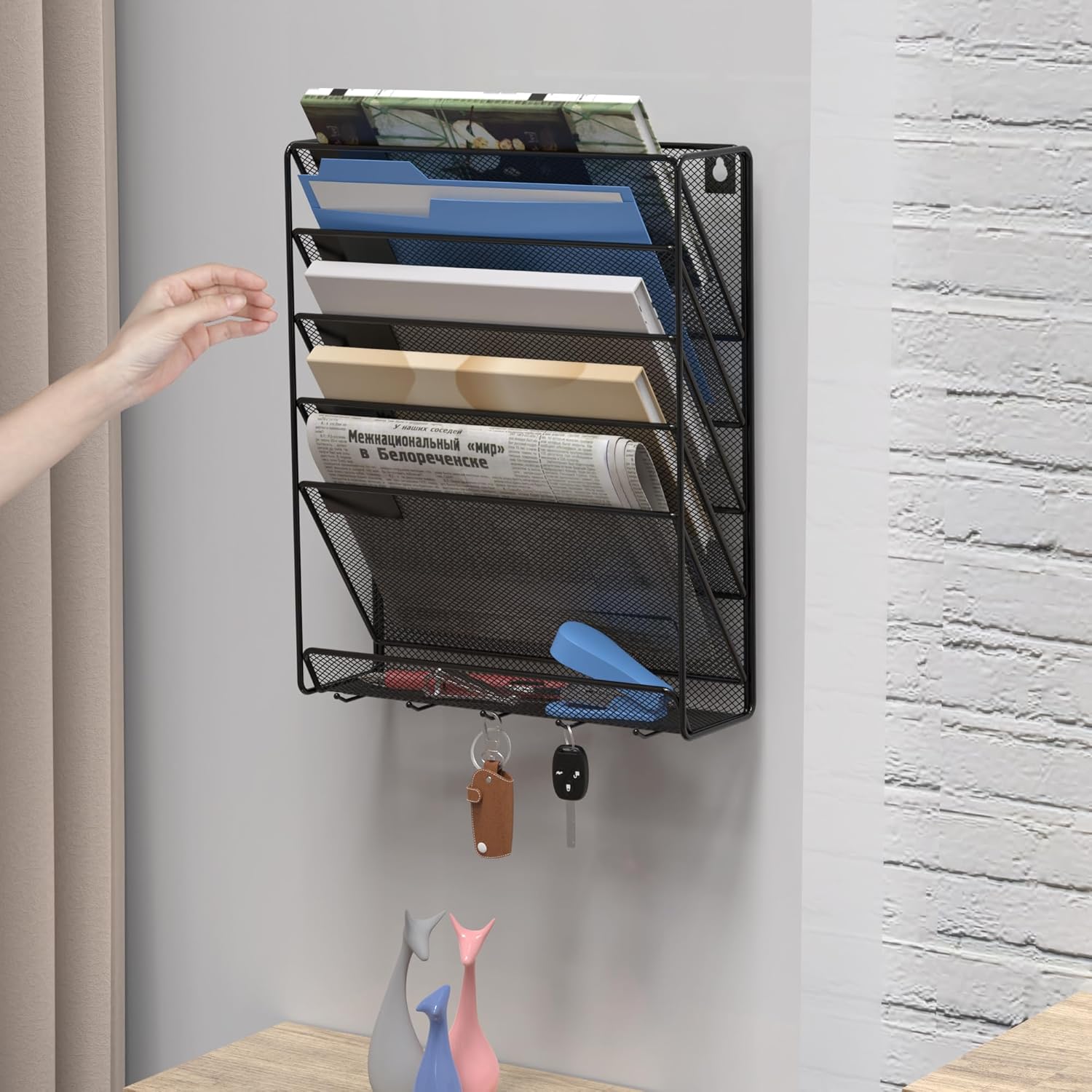 samstar Organizador de archivos de pared con ganchos, 6 niveles de montaje en pared, organizador de archivos colgante, estante vertical para