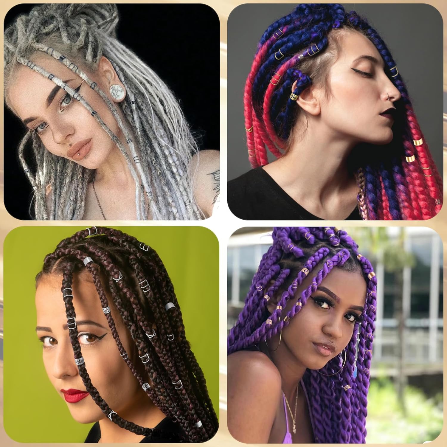 24 piezas de joyería de cabello negro para trenzas, aretes de metal sin perforación, joyería con diamantes de imitación de cristal, cuentas de