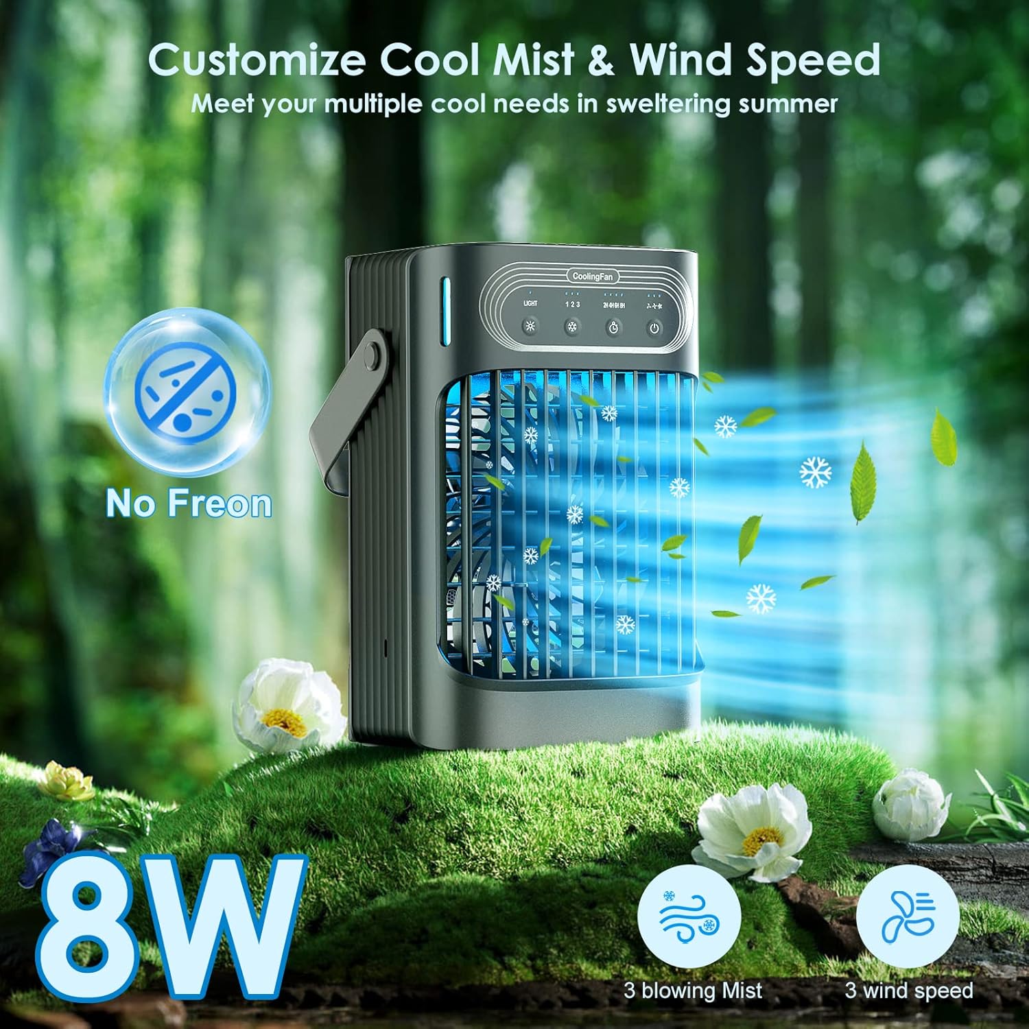 Ventilador de aire acondicionado portátil, mini aire acondicionado evaporativo mejorado portátil con 3 nieblas frías y velocidades, 7 luces
