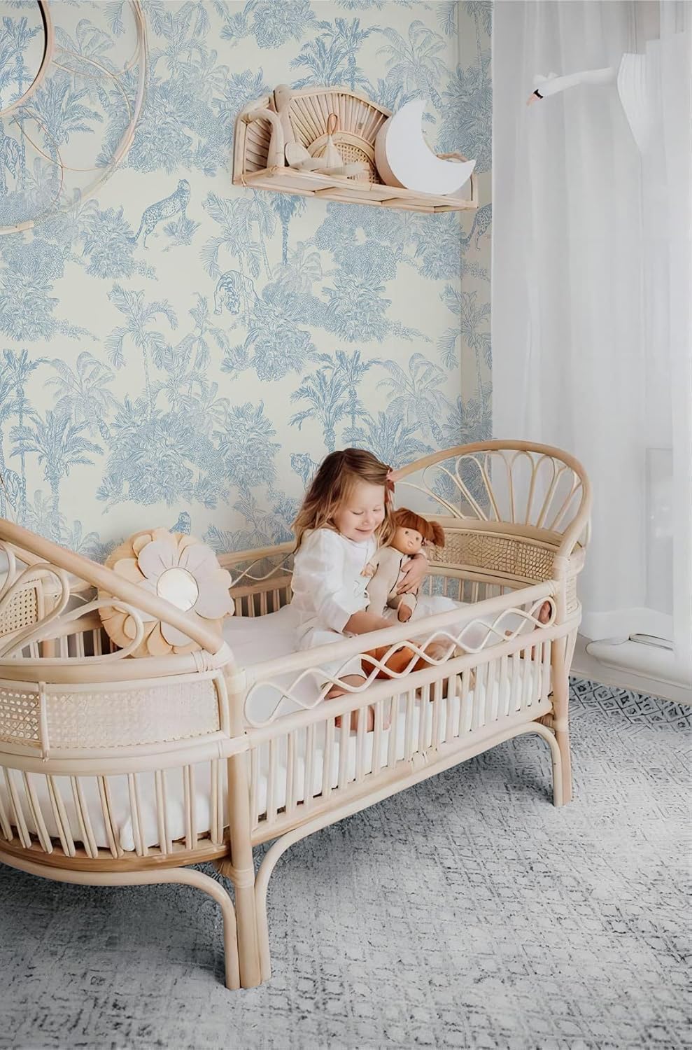 Papel tapiz de papel tapiz azul y blanco para despegar y pegar, pared de acento estilo chinoiserie francés, papel tapiz temporal para apartamentos,