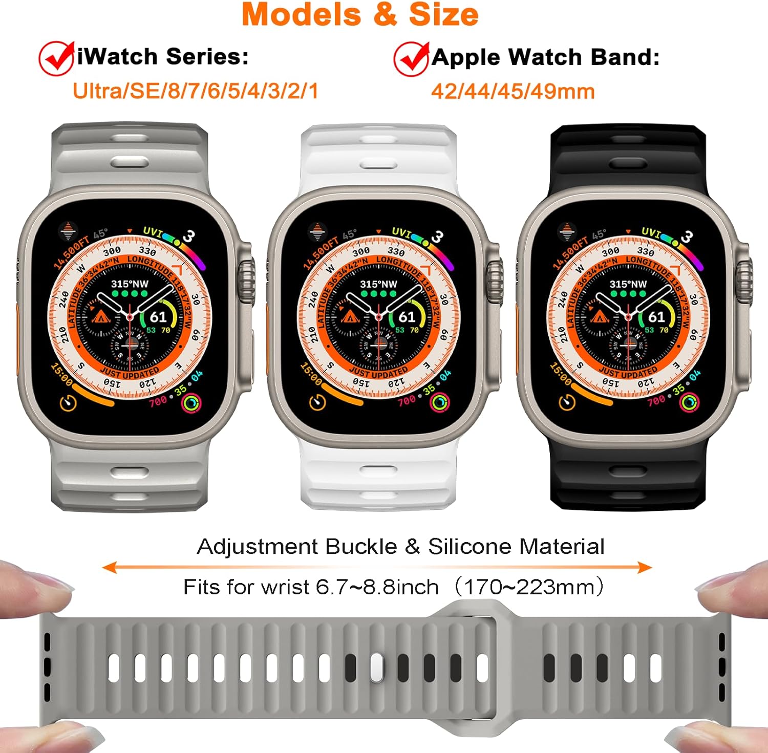 Paquete de 3 correas deportivas compatibles con Apple Watch Ultra Band de 1.929 in, correa de silicona impermeable ajustable para iWatch Series
