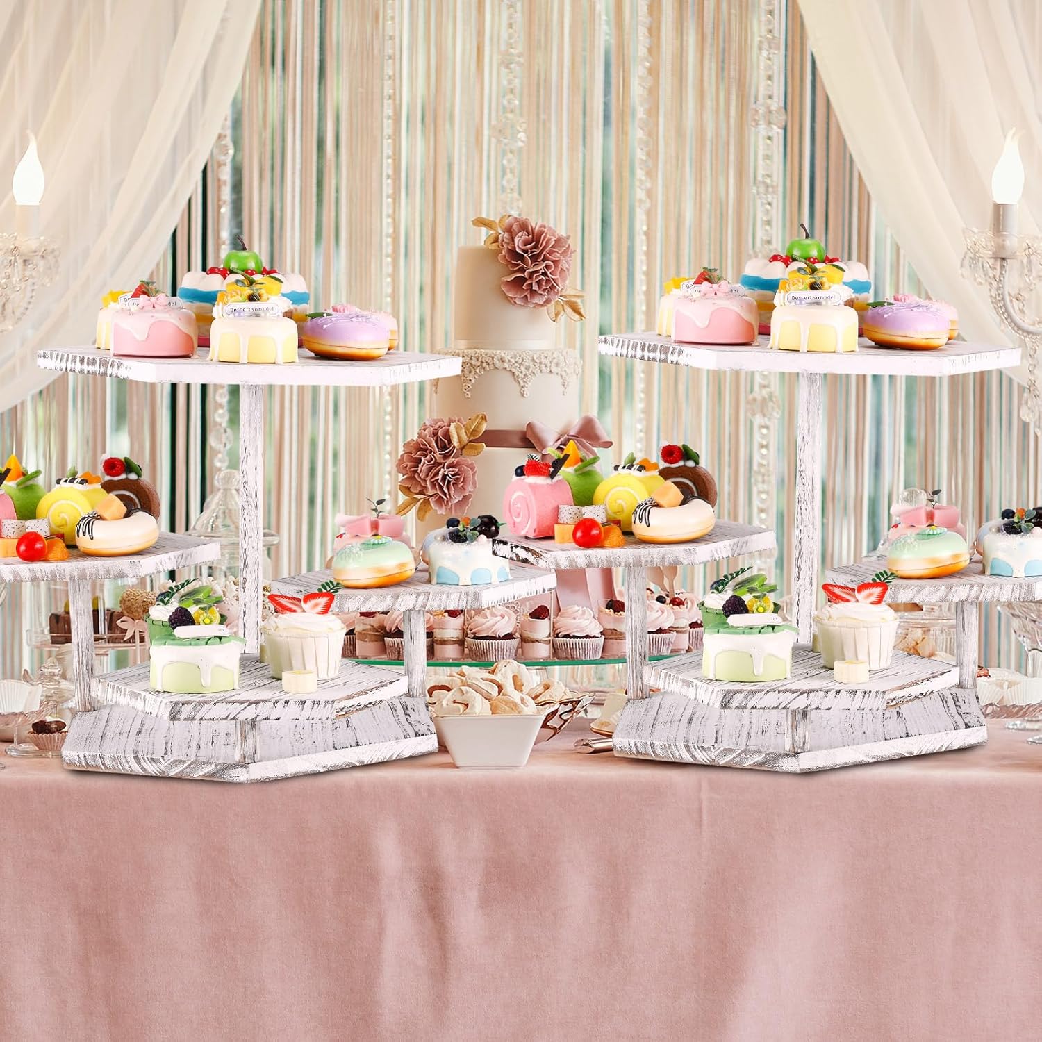 Uiifan Soporte hexagonal para cupcakes de 4 niveles, soporte hexagonal de madera para tartas, postres, cupcakes, torre de granja, bandeja