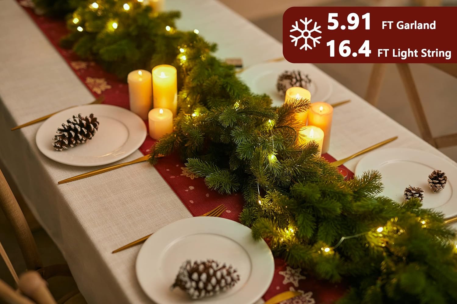 PARTY JOY Guirnalda de pino de Navidad de 6 pies con cadena de luces LED de 9.8 pies, planta verde para decoraciones de Navidad, mantel de mesa,