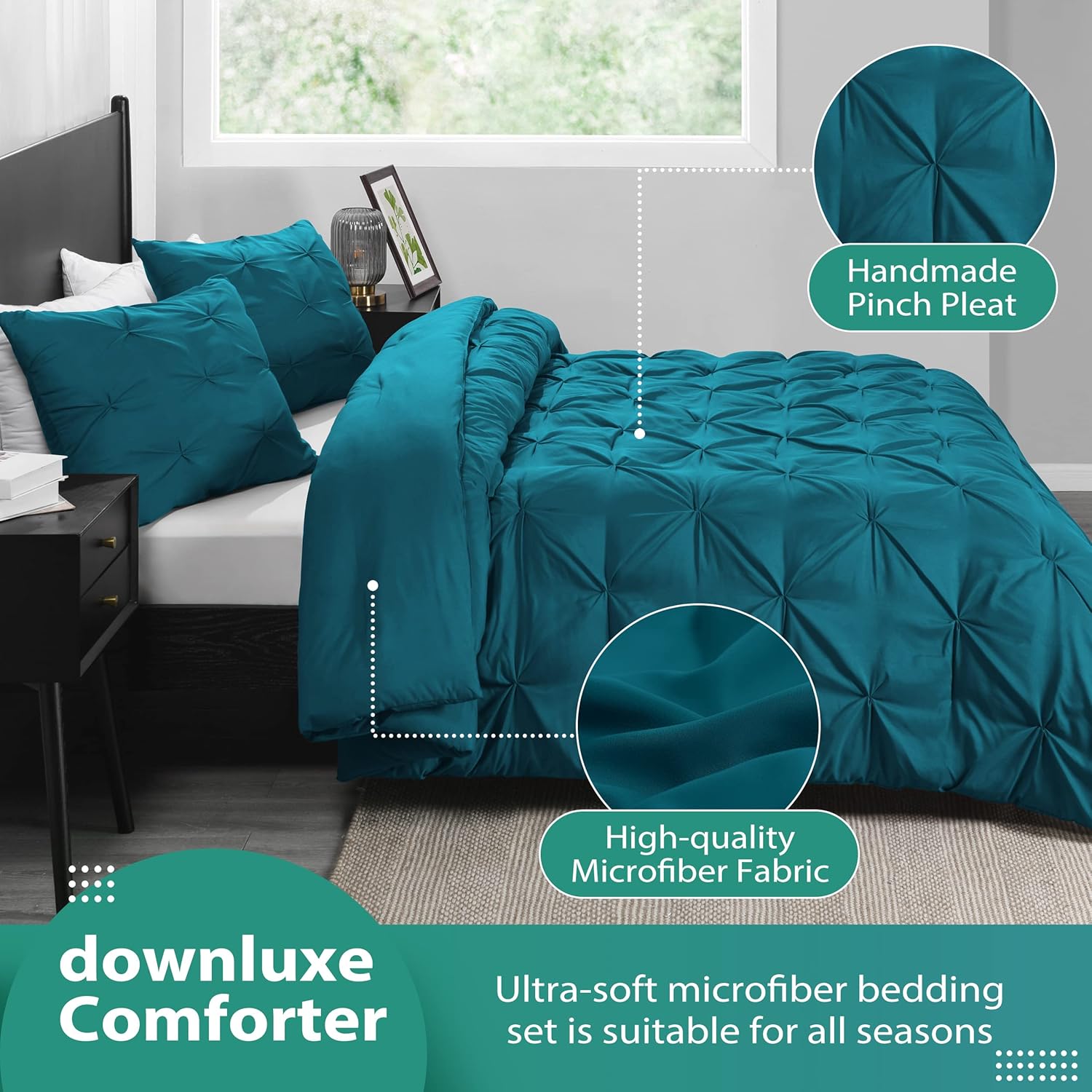 downluxe Pintuck – Juego de edredón Queen con 2 fundas de almohada, 3 piezas, juego de edredón de cama Queen color verde azulado cristalino para