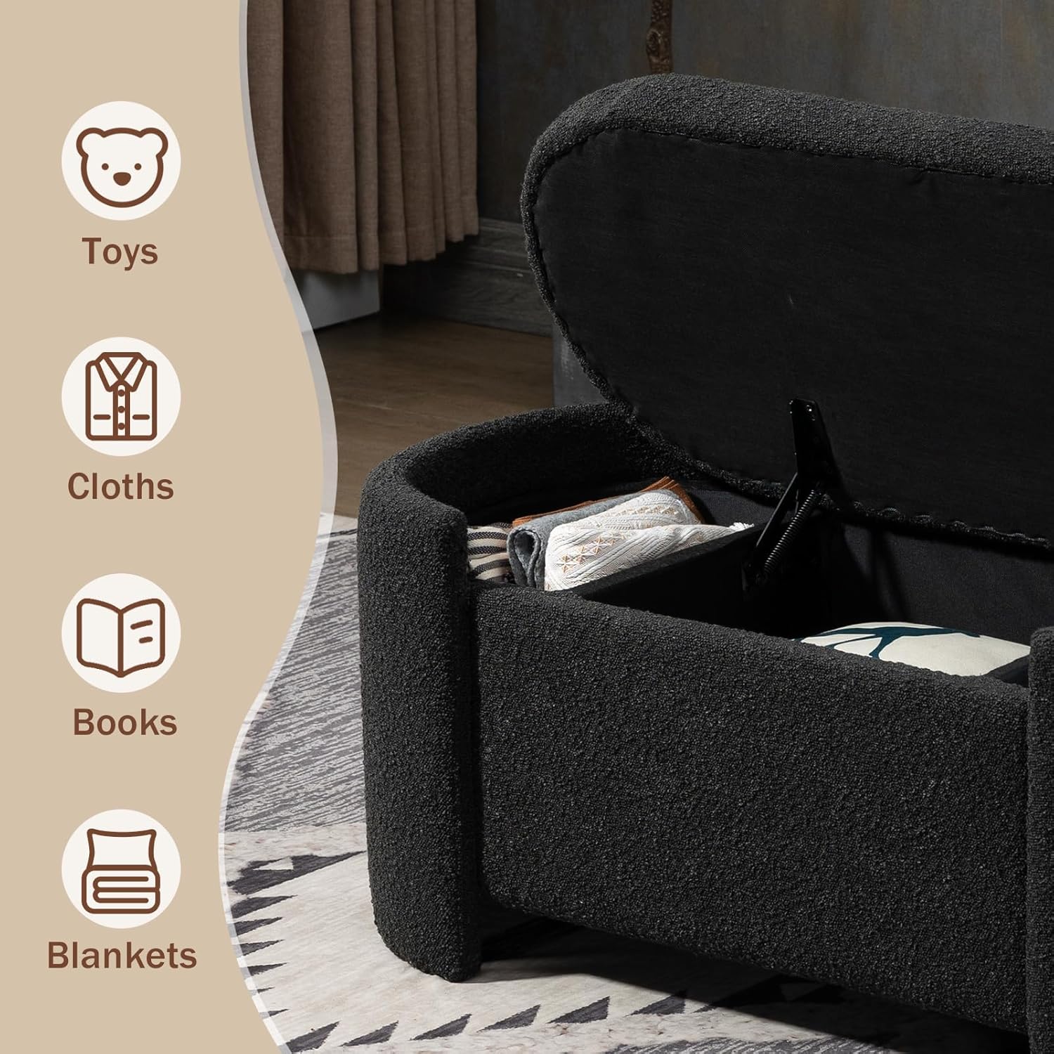 DecoraFlex Boucle Banco de almacenamiento negro, banco otomano tapizado moderno de 43.4 pulgadas, extremo de cama con bisagra de seguridad, banco