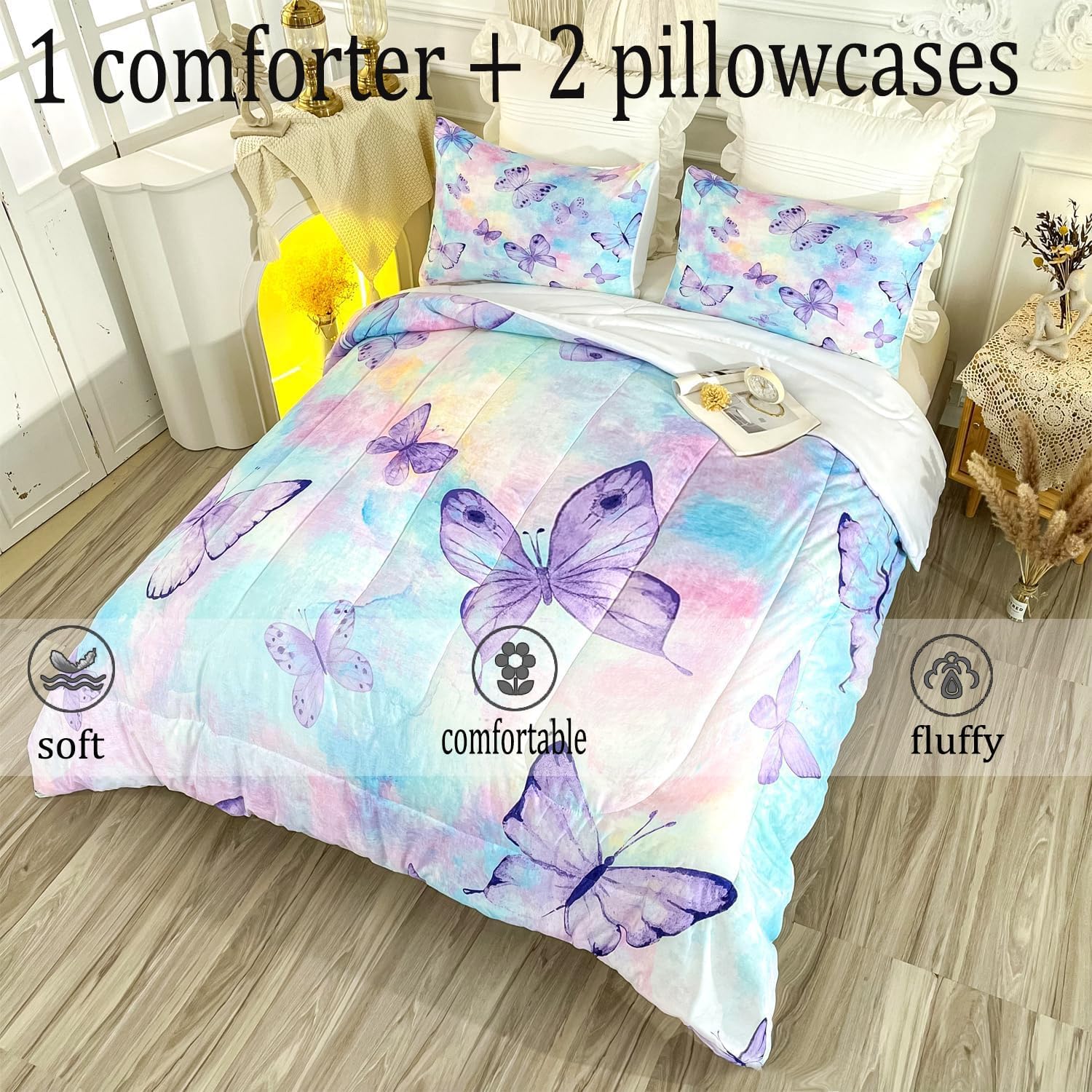 CVHOUSE Juego de edredón de mariposa individual para niñas y adolescentes. Juego de ropa de cama individual de mariposas, colcha de mariposas, juego