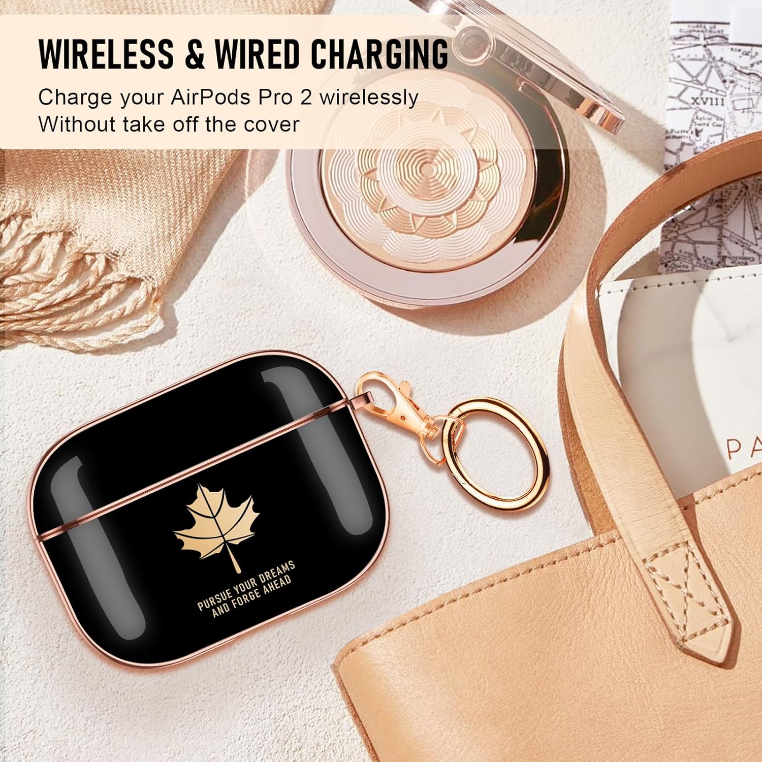 Valkit Funda para Apple Airpods Pro 2, elegante galvanoplastia con patrón de hoja de arce dorada y diseño a prueba de golpes para mujeres y niñas