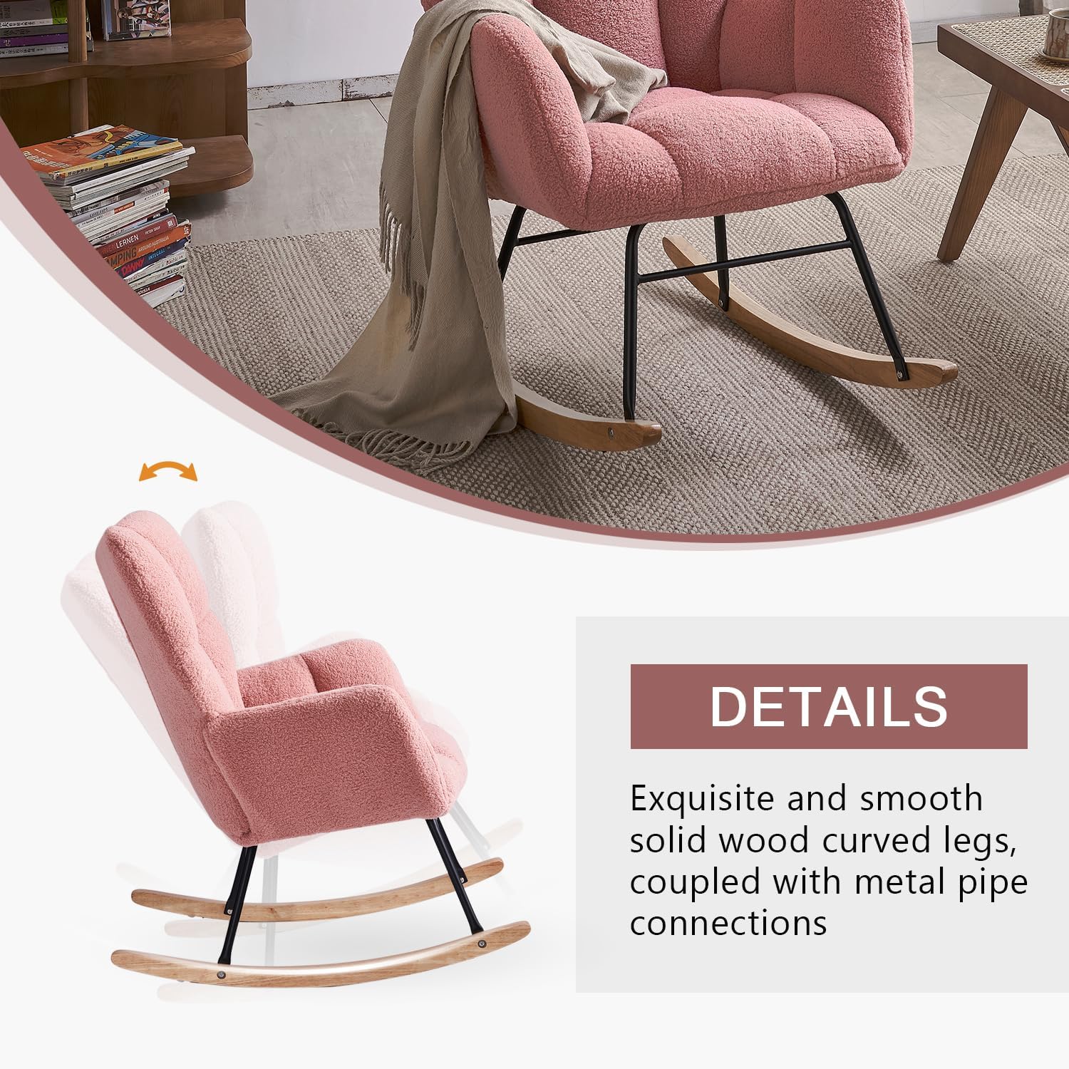 Ugijei Mecedora para guardería, mecedora tapizada de peluche con respaldo alto, sillas modernas para guardería, sala de estar, dormitorio (rosa)