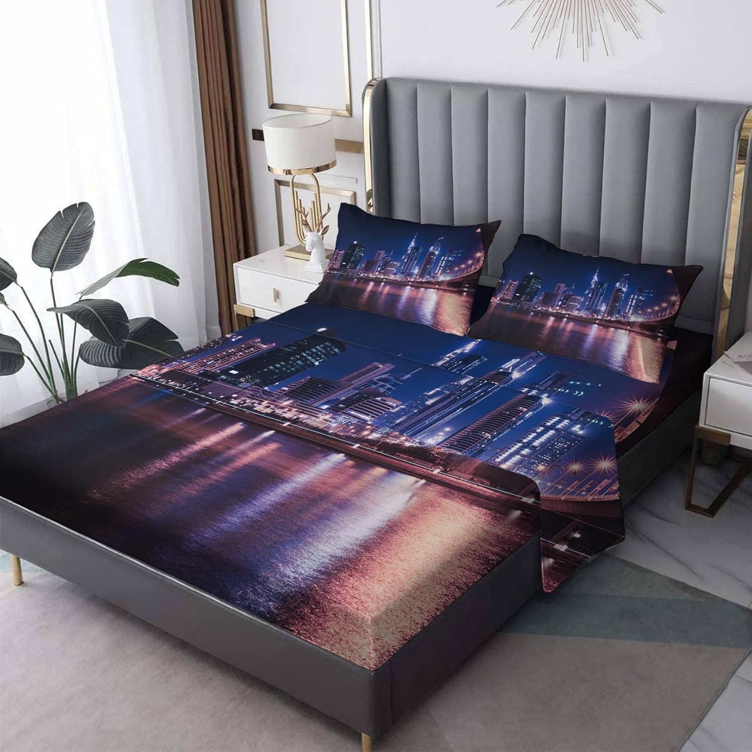Juego de sábanas de 5 piezas con estampado de paisaje urbano oceánico, tamaño King dividido, sábanas y fundas de almohada, microfibra suave con