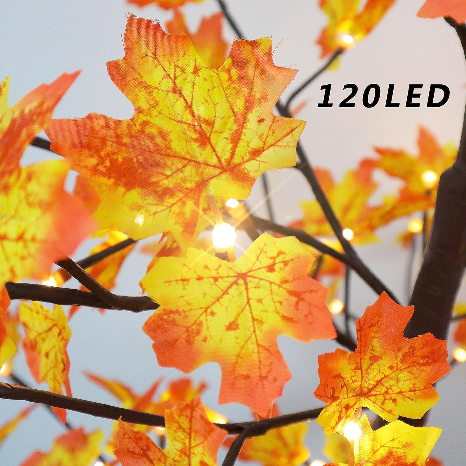 Árbol de arce artificial solar de 6 pies con 120 luces LED blancas cálidas preiluminadas, decoración de árbol de otoño con modos de iluminación