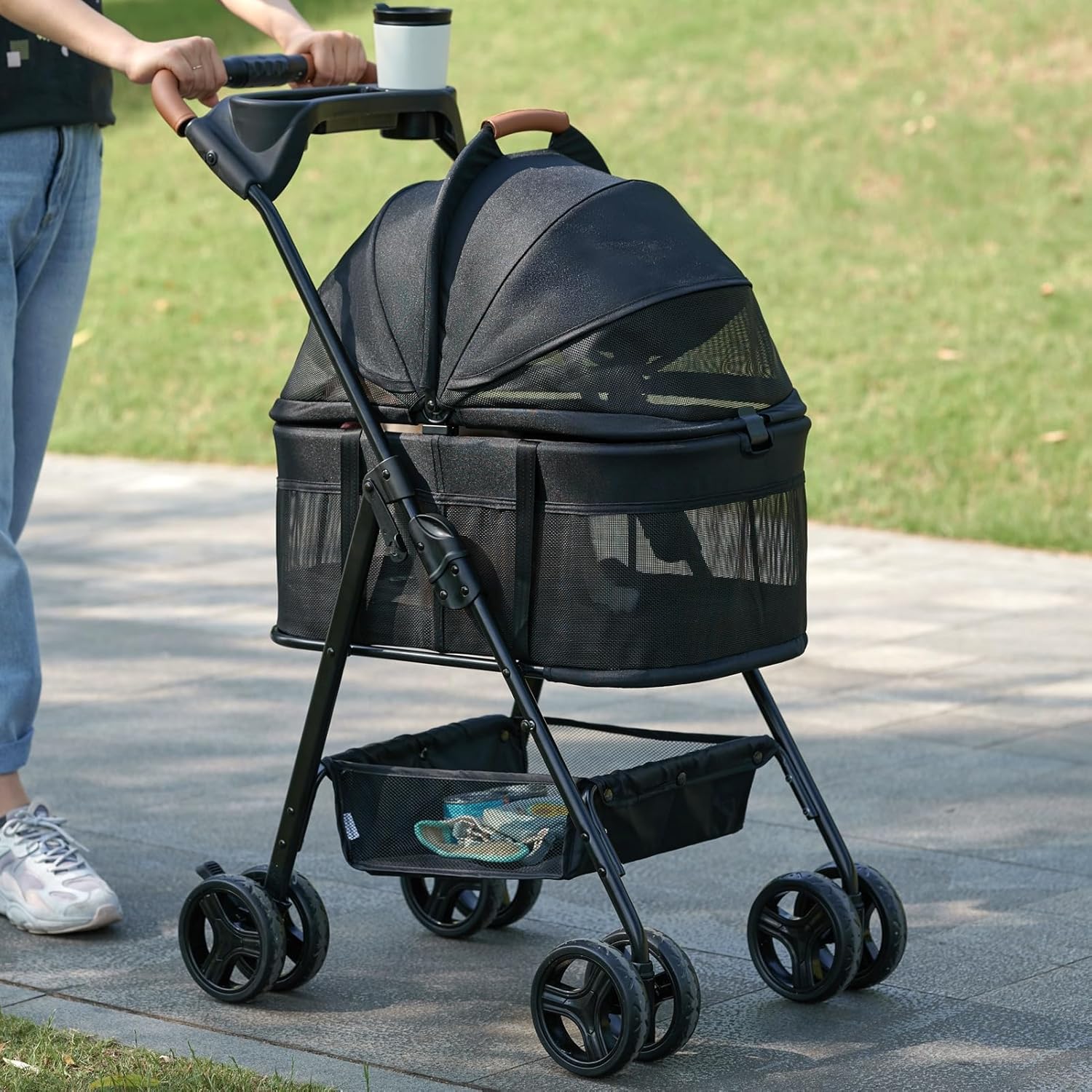Cochecito plegable 3 en 1 para perro, cochecito plegable para mascotas, cochecito de perro y gato de 4 ruedas con transportador de viaje extraíble