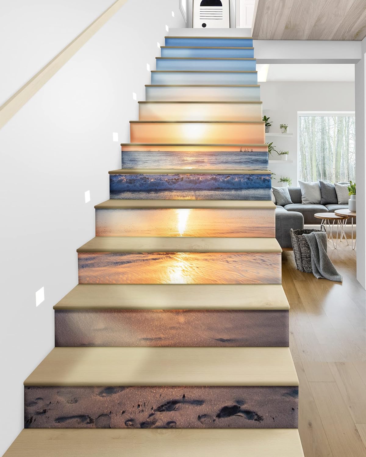 FLFK Sunrise Beach – Juego de 15 calcomanías para escaleras, despegar y pegar, 39.3 x 7.08 pulgadas