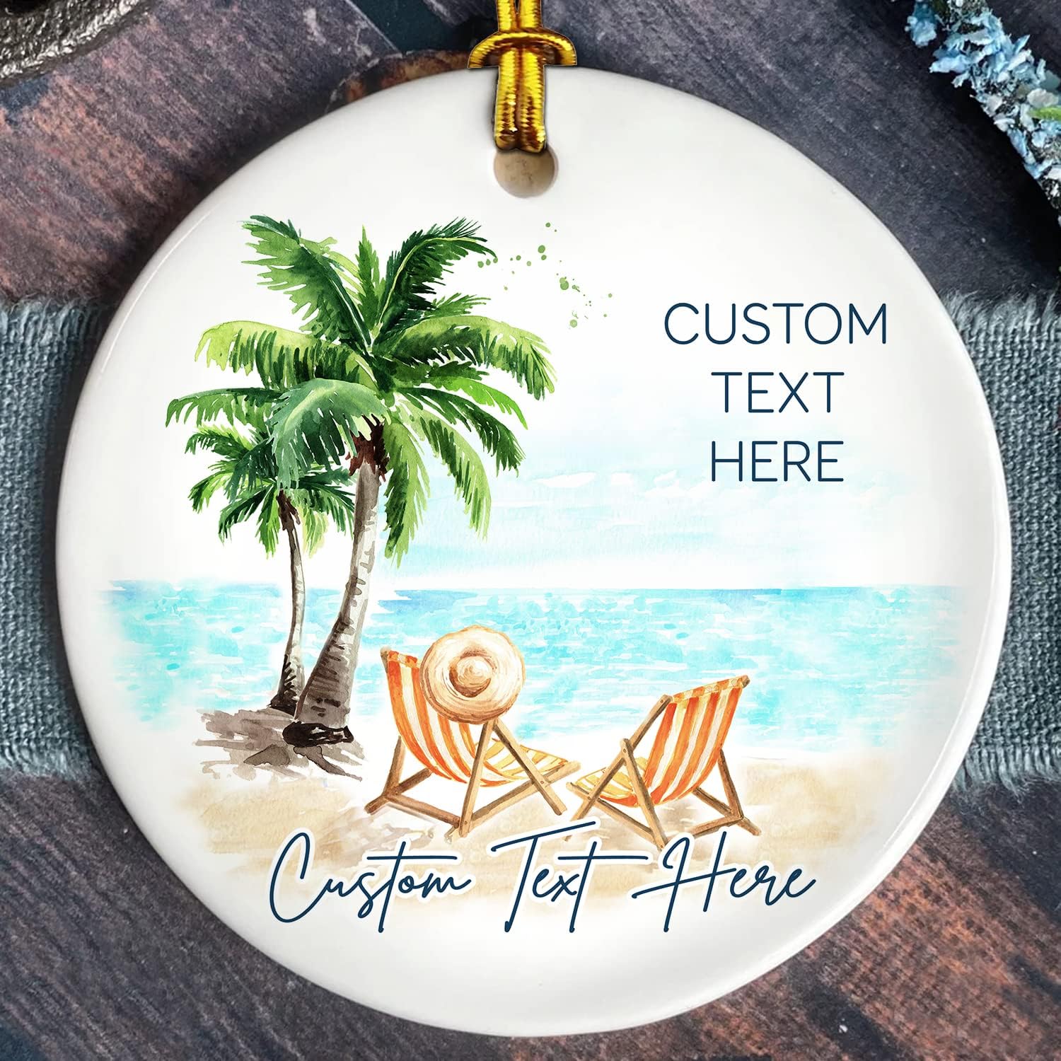 Adorno de Navidad personalizado para parejas en la playa, texto personalizado, bonito adorno de playa, vacaciones memorables, adorno de playa de