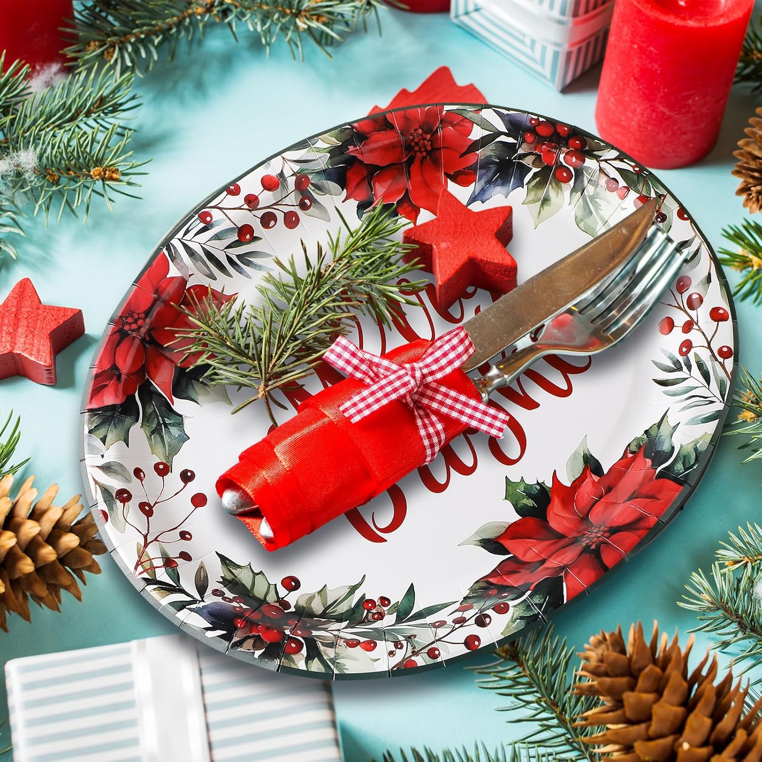 100 platos desechables de papel ovalados de Navidad a granel de 10 x 12.5 pulgadas, plato grande para cena, plato de papel de Navidad para