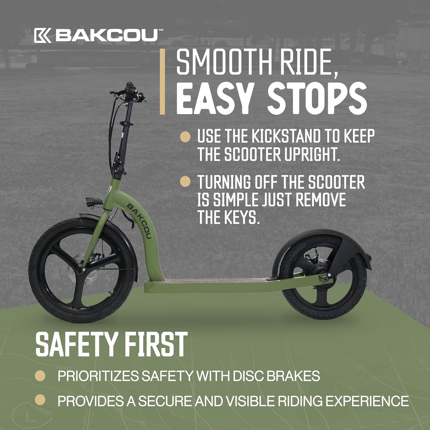 Bakcou  Badger Electric Scooter – Adult Scooter 350W Motor, 36V Battery, Foldable Electric Scooter, Large Wheels, Disc Brakes, Lights, and Horn for