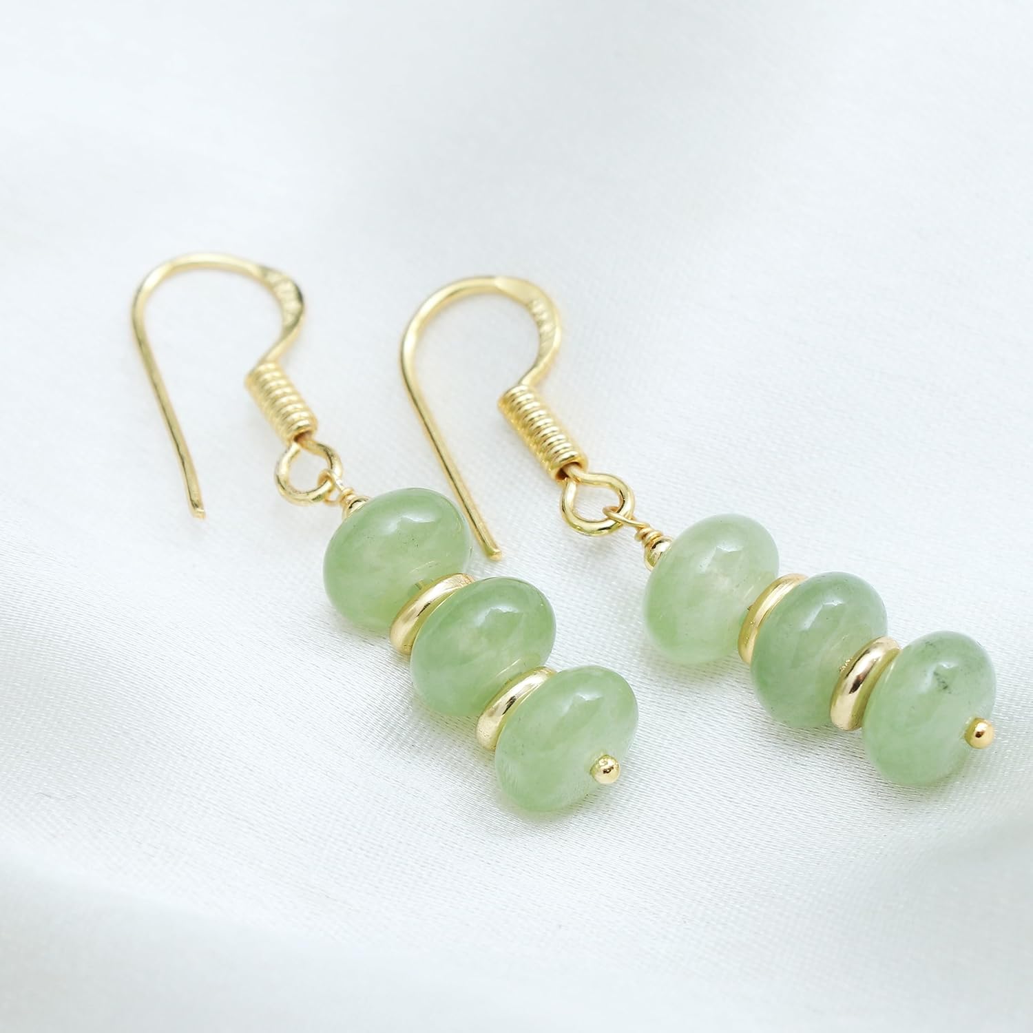 Gempires Mother’s Day Gift Prehnite Rondelle Beads Earrings, Dangling Earrings, Light Green Crystals,14k Gold Plated Hook Earrings, Handmade