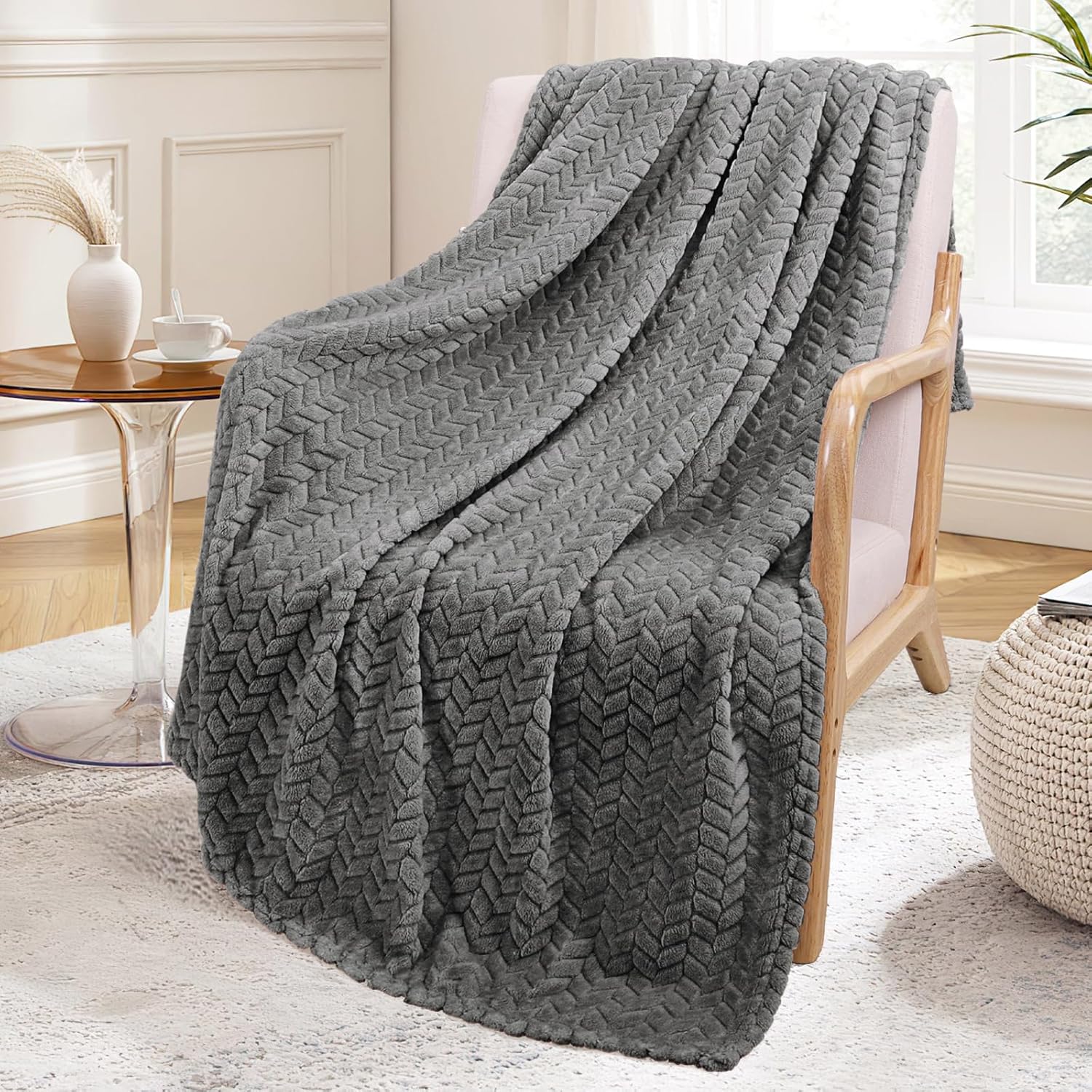 Exclusivo Mezcla – Manta de franela grande de 50 x 70 pulgadas, tejido jacquard con diseño de hojas, suave, ligera y decorativa