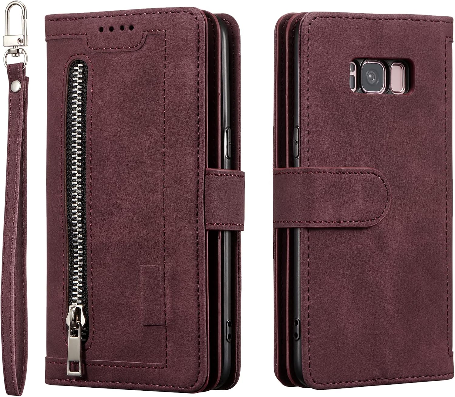 EYZUTAK Funda de teléfono tipo cartera para Samsung Galaxy S8, retro mate 9 ranuras para tarjetas, funda de bolsillo con cremallera, cierre