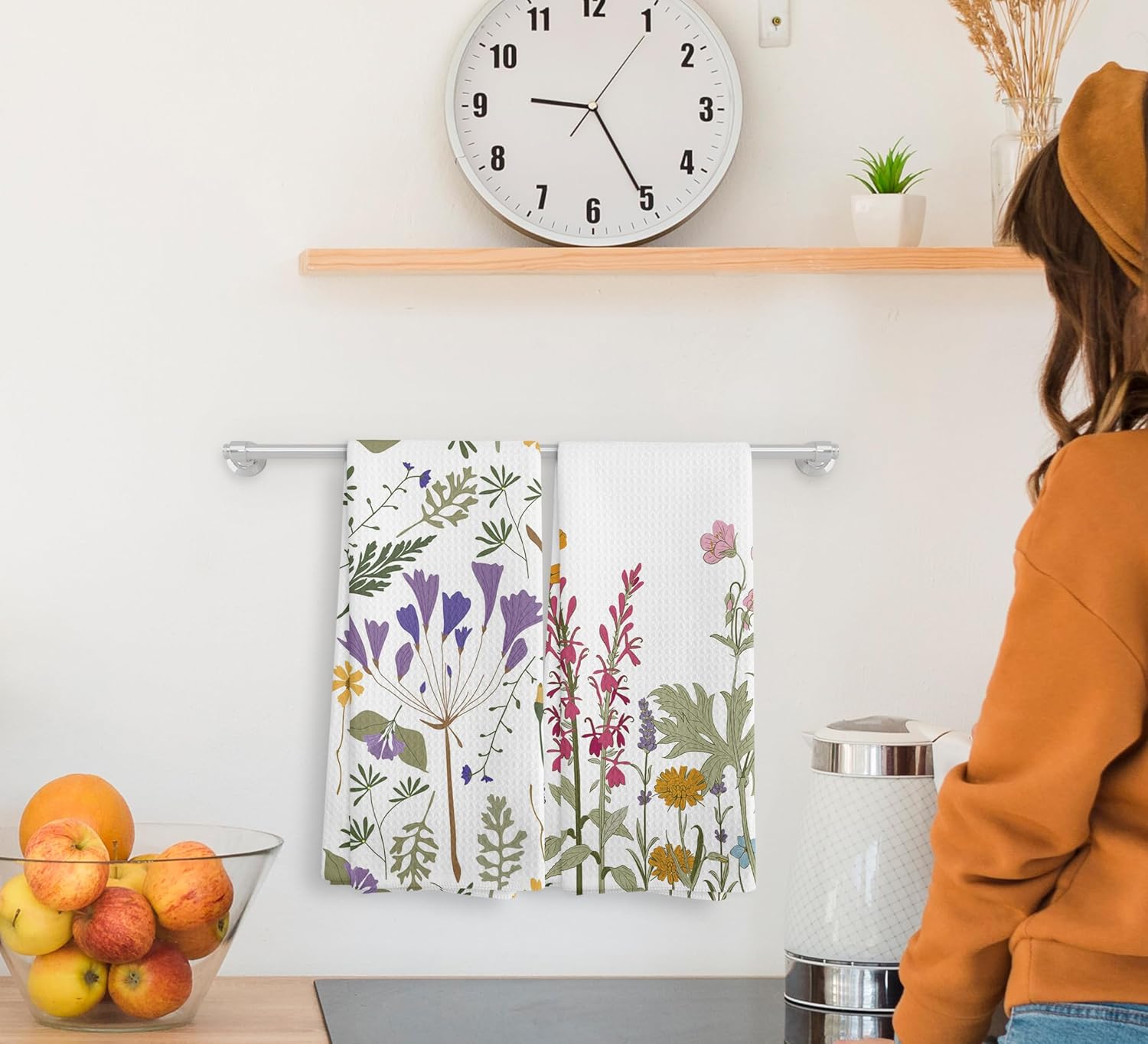 Juego de 2 paños de cocina y paños de cocina con diseño floral de jardín botánico de acuarela, toallas de mano absorbentes de flores de primavera y
