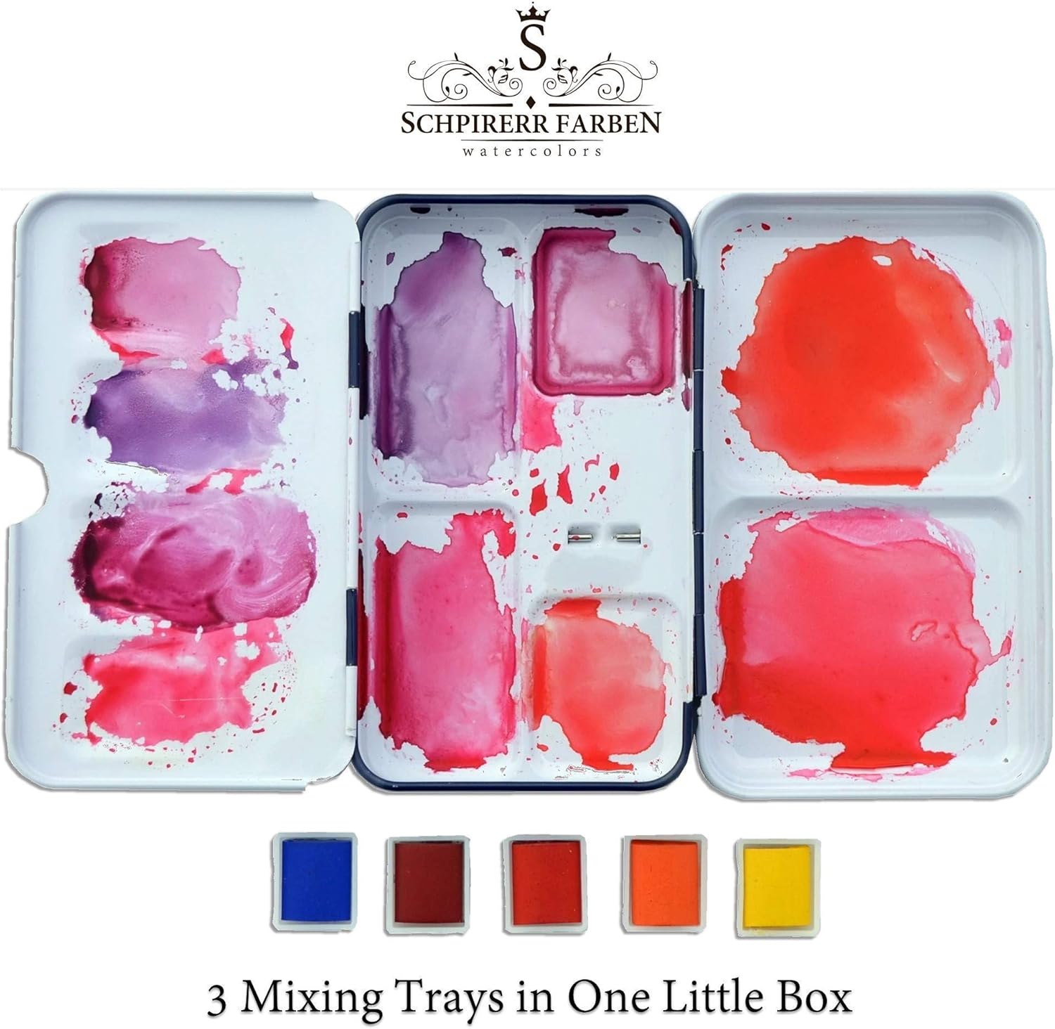 SCHPIRERR FARBEN Professional Artists – Juego de 12 pinturas de acuarela, 10 pinceles redondos, cerdas sintéticas suaves, mango corto y 2 paletas de