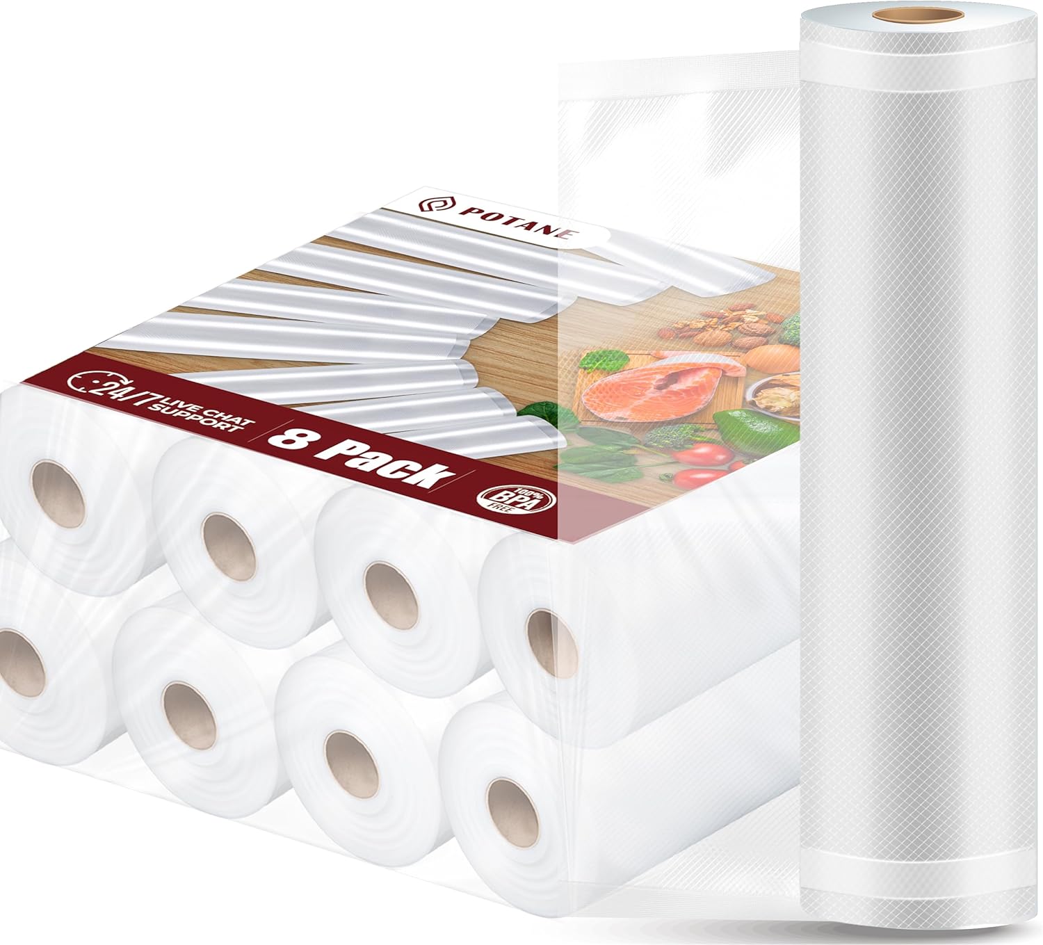 Paquete de 8 bolsas selladoras al vacío gruesas de 8 x 20 pies (8 rollos) para alimentos, texturas en ambos lados, a prueba de olores, resistentes