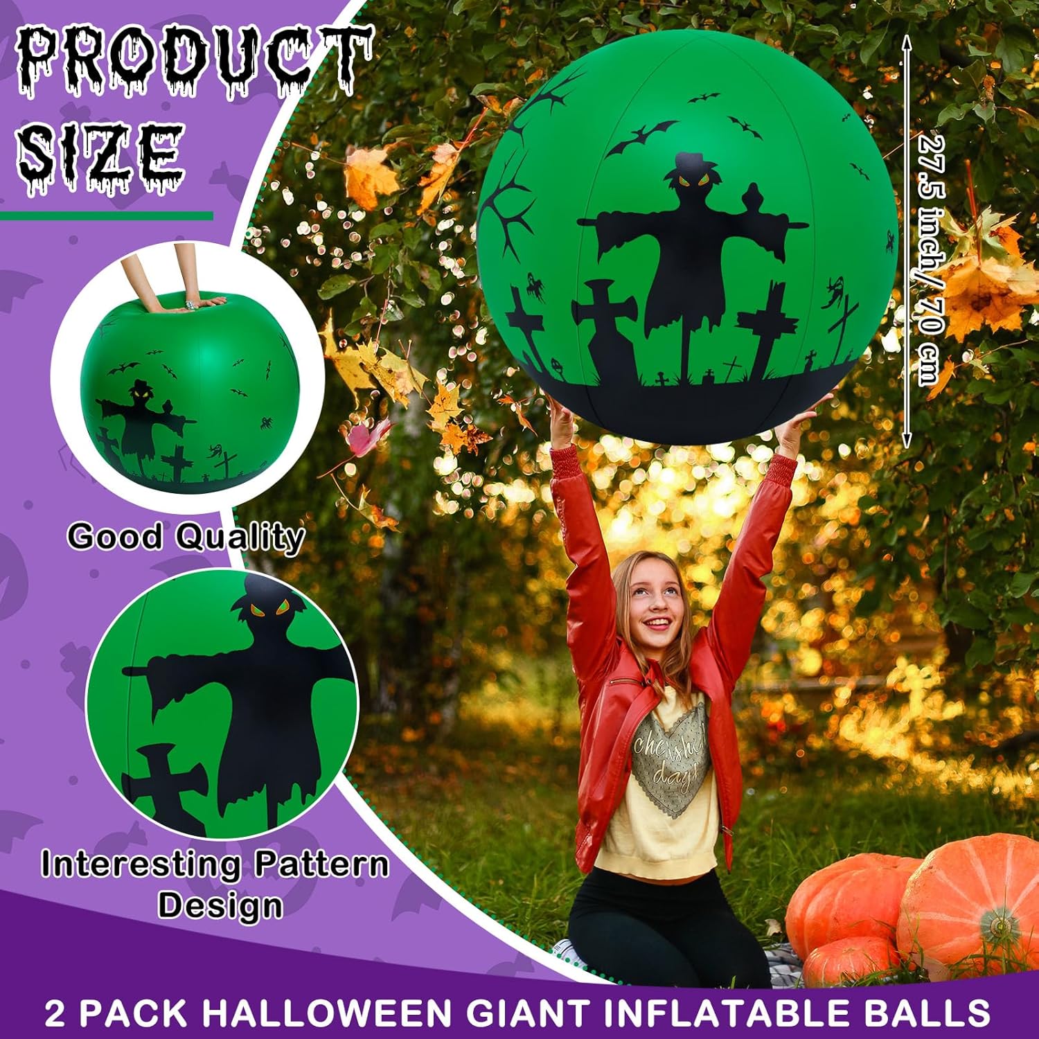 2 piezas de 27 pulgadas que brillan en la oscuridad enorme bola de Halloween con luz LED, bola inflable gigante de Halloween que brilla