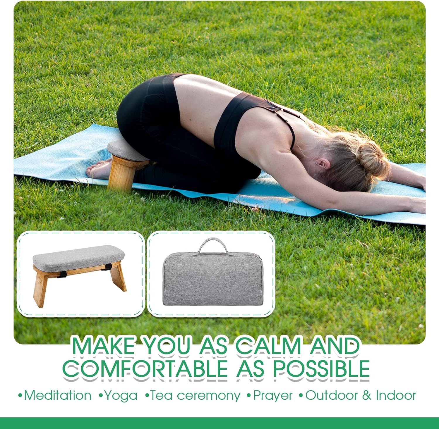 Banco de meditación con bolsa de transporte, taburete de meditación portátil para yoga, meditación, taburete de oración plegable ergonómico con