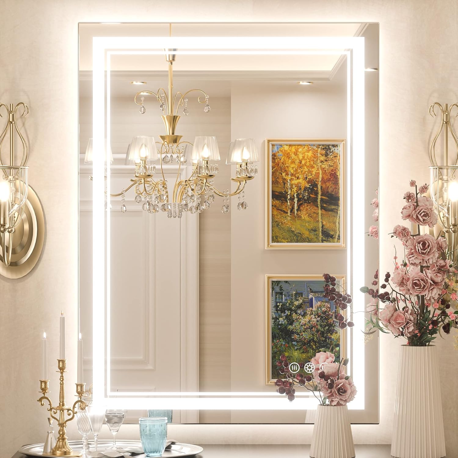 Keonjinn Espejo de baño LED de 24 x 32 pulgadas con luz frontal y retroiluminada, 3 colores de temperatura y espejo de tocador regulable con luces,