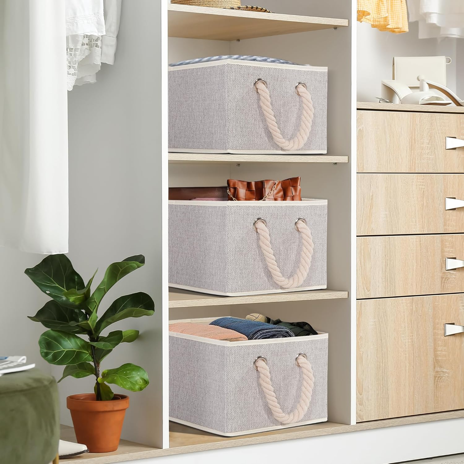 Contenedores de almacenamiento plegables con asas, cestas de almacenamiento decorativas para organizar estantes, cajas de almacenamiento resistentes