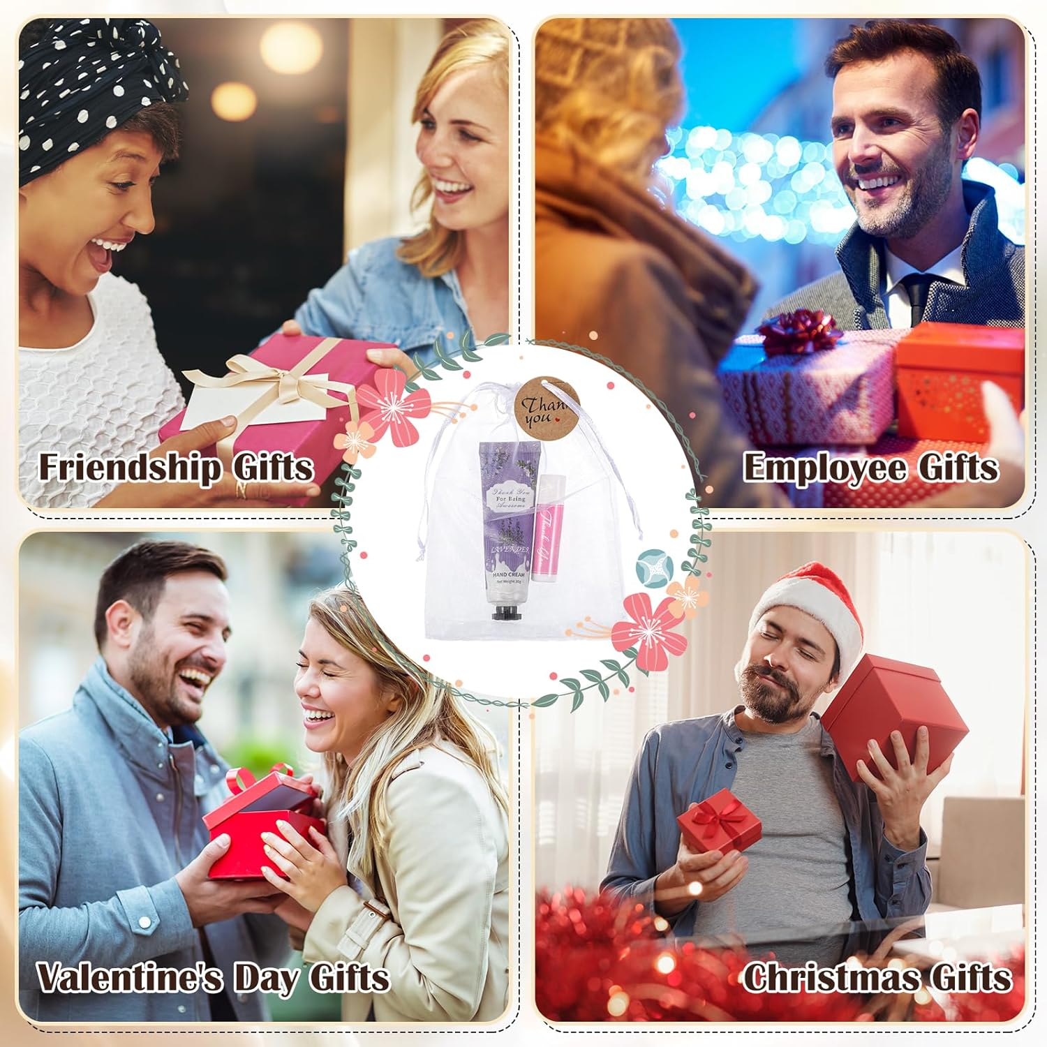 Regalos de agradecimiento para empleados crema de manos y bálsamo labial a granel con bolsa de organza, tarjeta de agradecimiento, loción de manos,