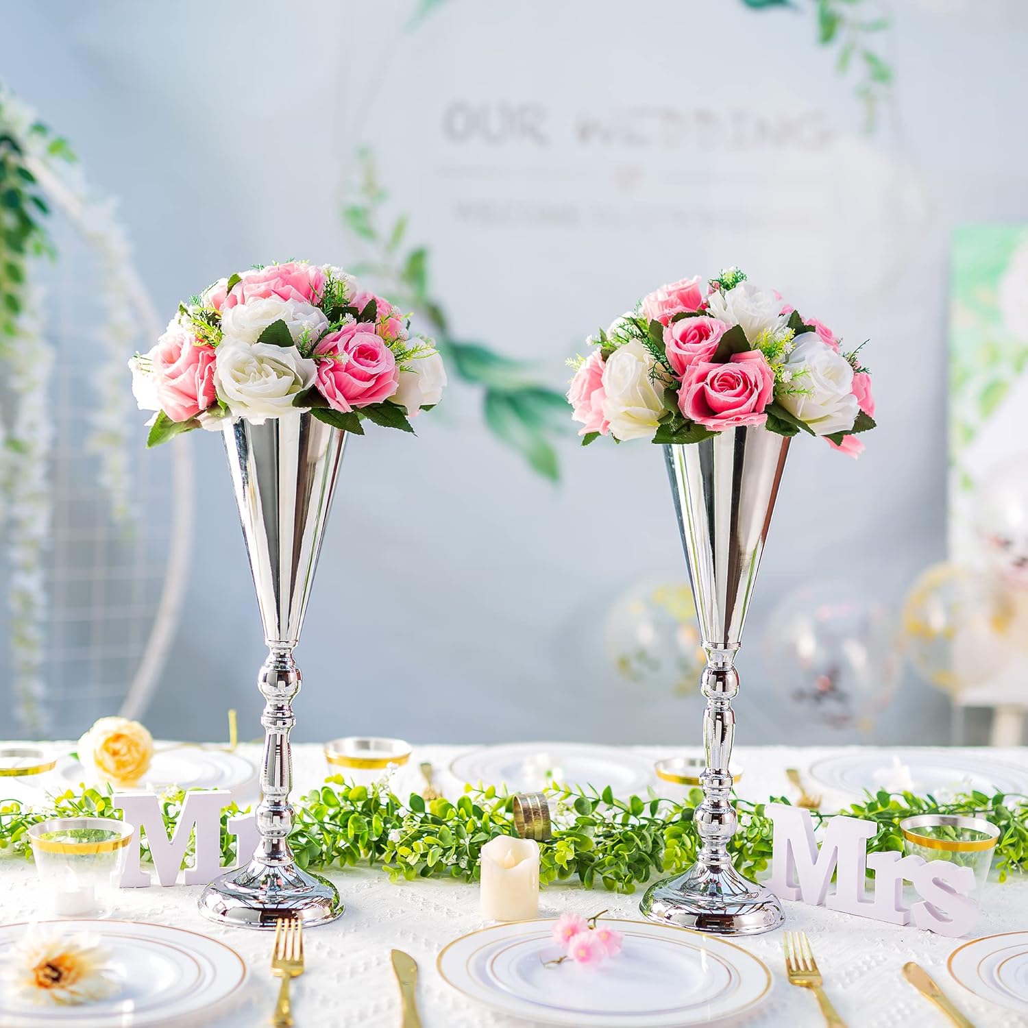 Inweder Jarrón plateado, decoración de mesa de centro de mesa, paquete de 2 soportes de metal para flores, decoraciones de boda para recepción,