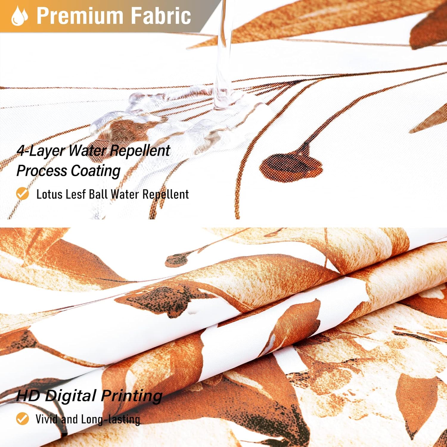 Cortina de ducha de eucalipto naranja, juego de cortina de ducha de tela floral con ganchos de plástico, resistente al agua, cortinas de ducha de