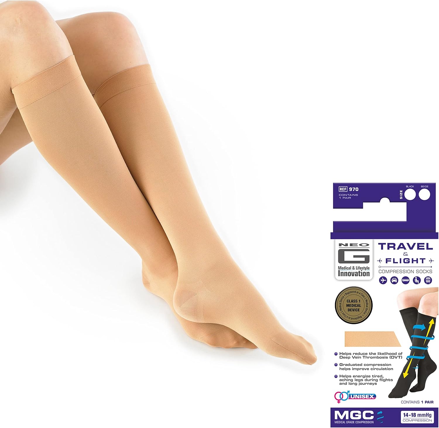 Calcetines de viaje Neo G – Compresión graduada – Dispositivo médico de clase 1, Beige