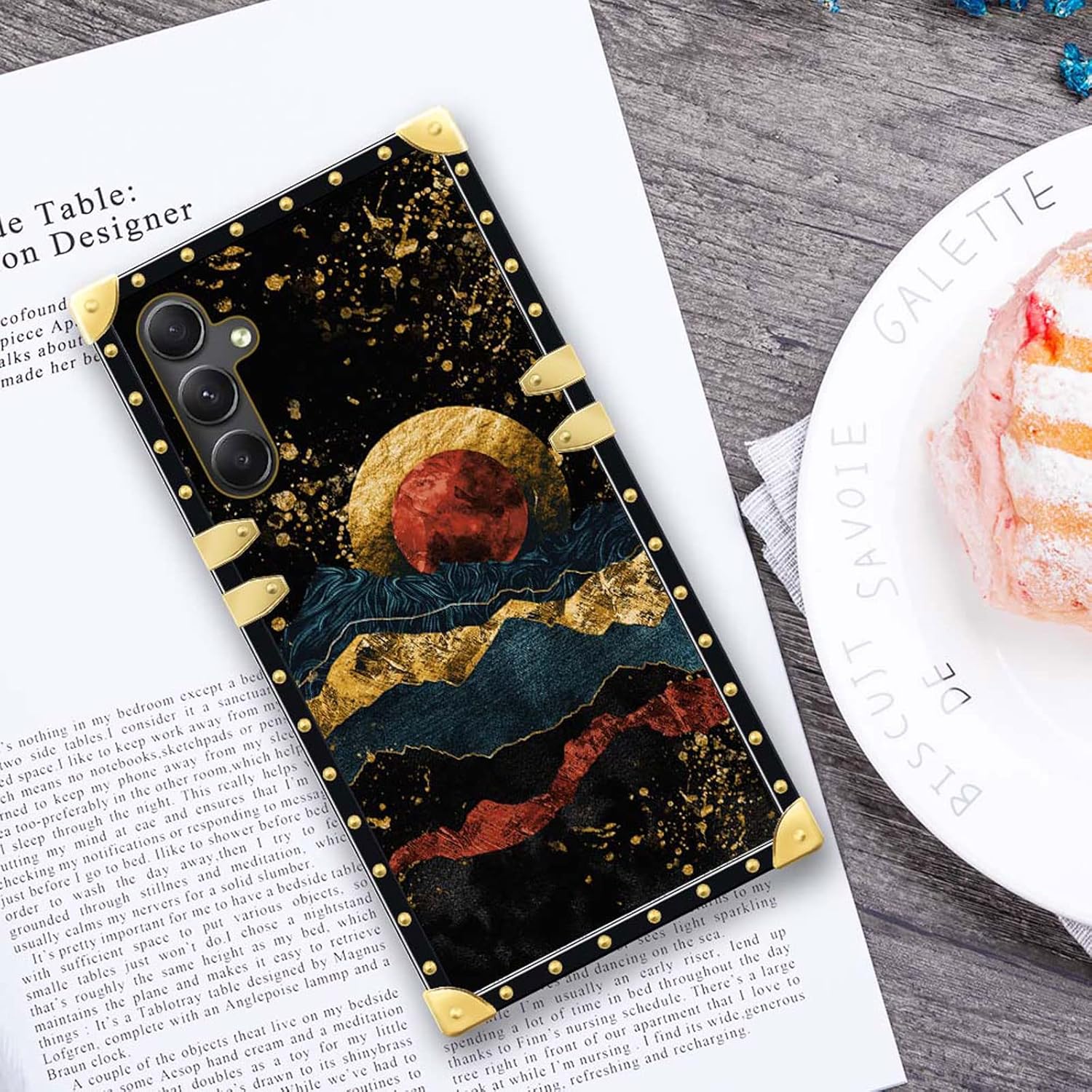 DAIZAG Funda compatible con Samsung Galaxy A14 5G Golden Natural Mountain Sun Moon Phone Case Golden Square Soft Shock Funda protectora para regalo