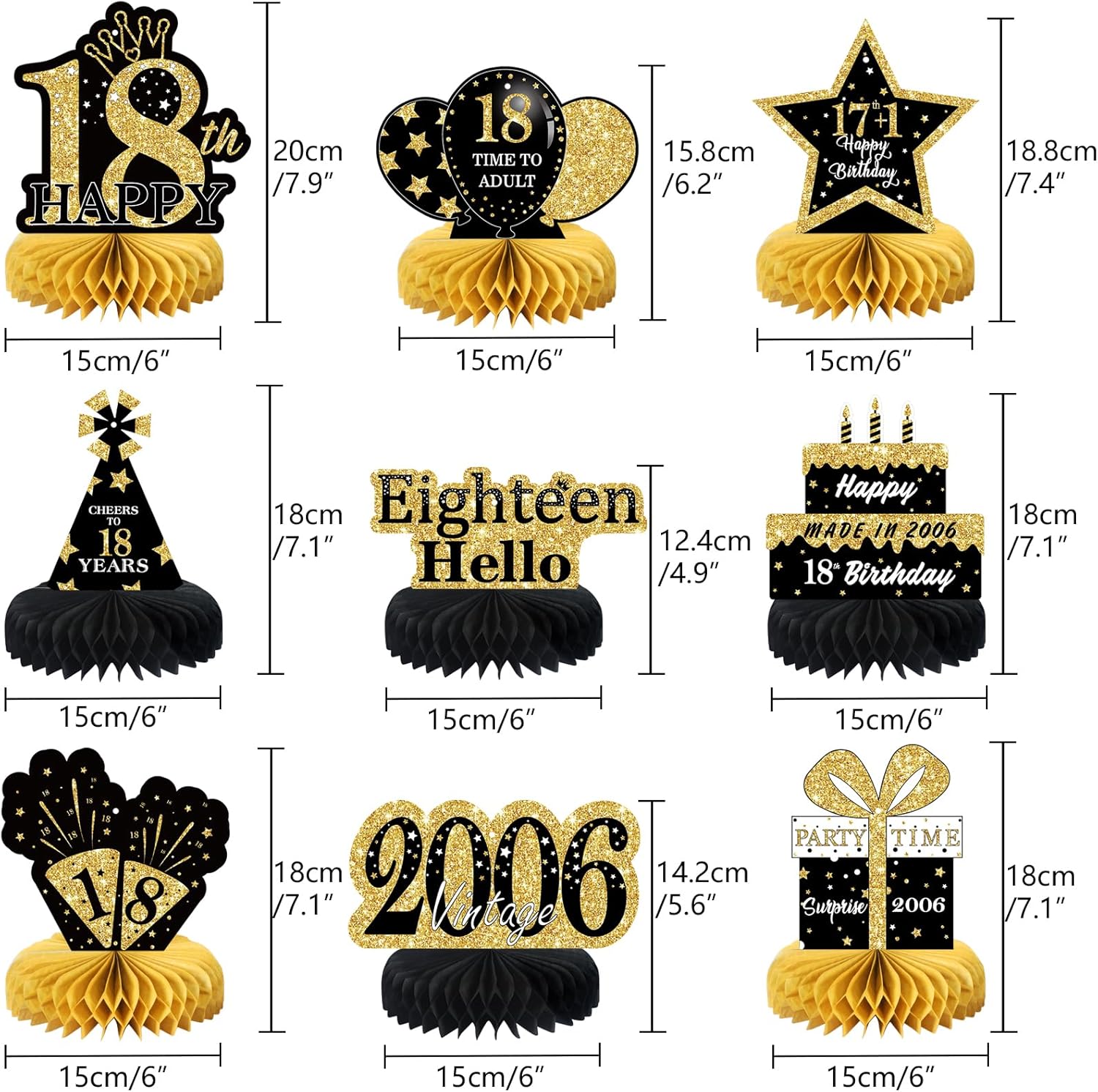 9 piezas de decoración de cumpleaños negro dorado 18 centros de mesa de panal para niños y niñas, centros de mesa de feliz cumpleaños 18,